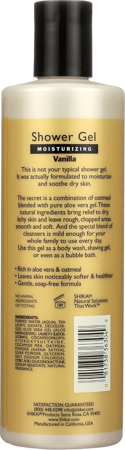 ShiKai Daily Moisturizing Shower Gel (Vanilla, 12oz) | With Hydrating Aloe Vera & Oatmeal | Scented Body Wash for Dry Skin Relief