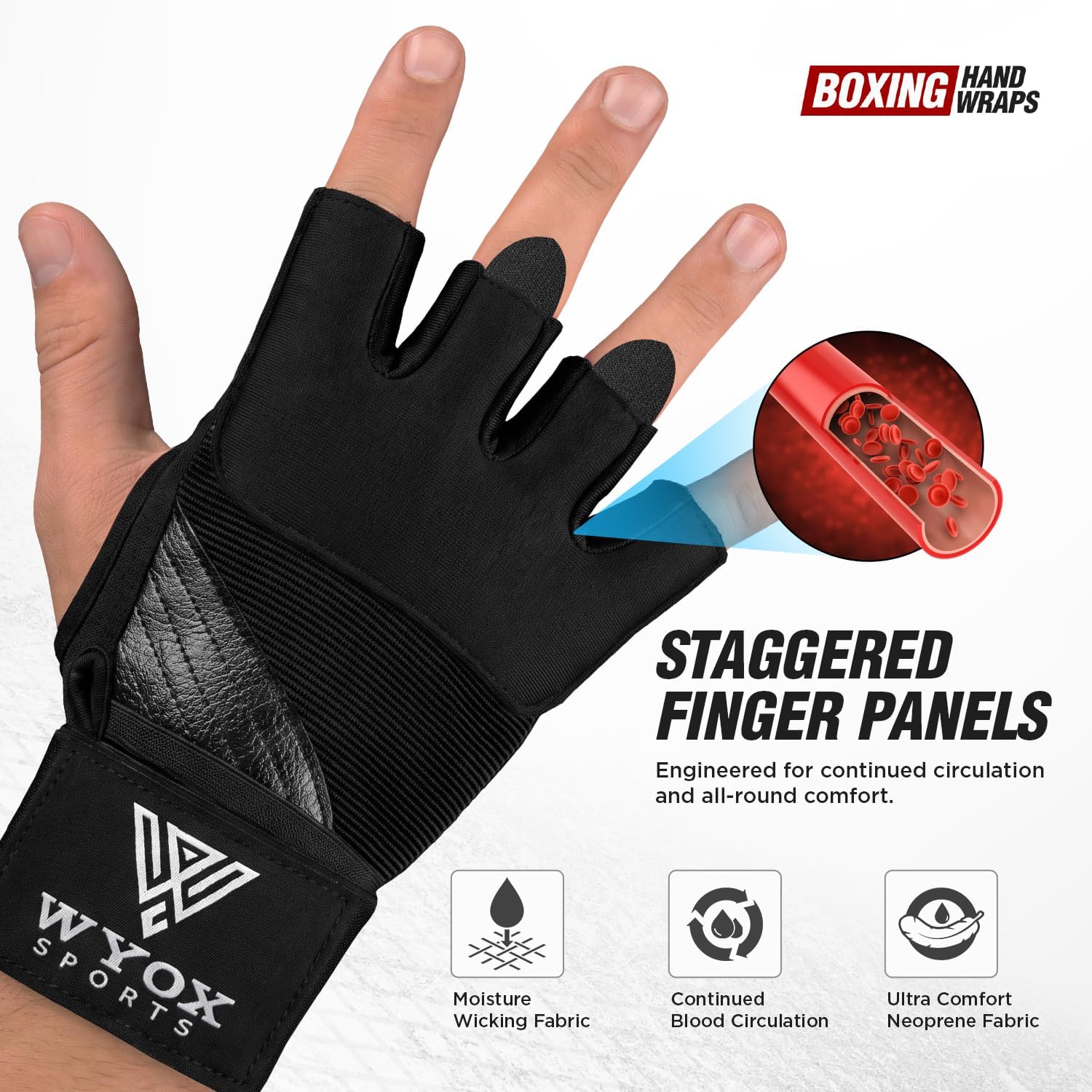 WYOX Neoprene Gel Boxing Hand Wraps Inner Gloves for Men & Women – 80cm/31in Quick Wrist Strap, Padded Knuckle Protection