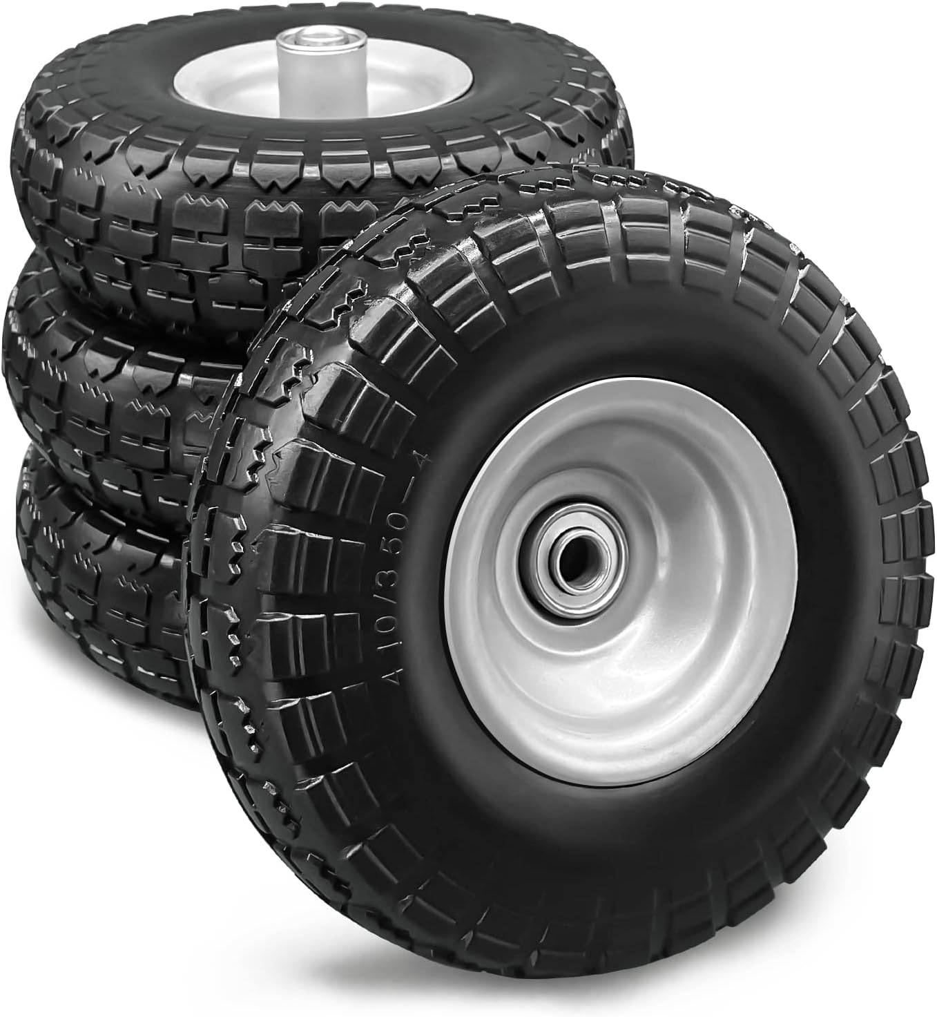 4 Pcs 4.10/3.50-4 Flat Free Tires and Dolly Wheel, 10" Solid Non-inflated Tires Wheels with 5/8 Ball Bearings, 2.24" Offset Hub for Wheelbarrow