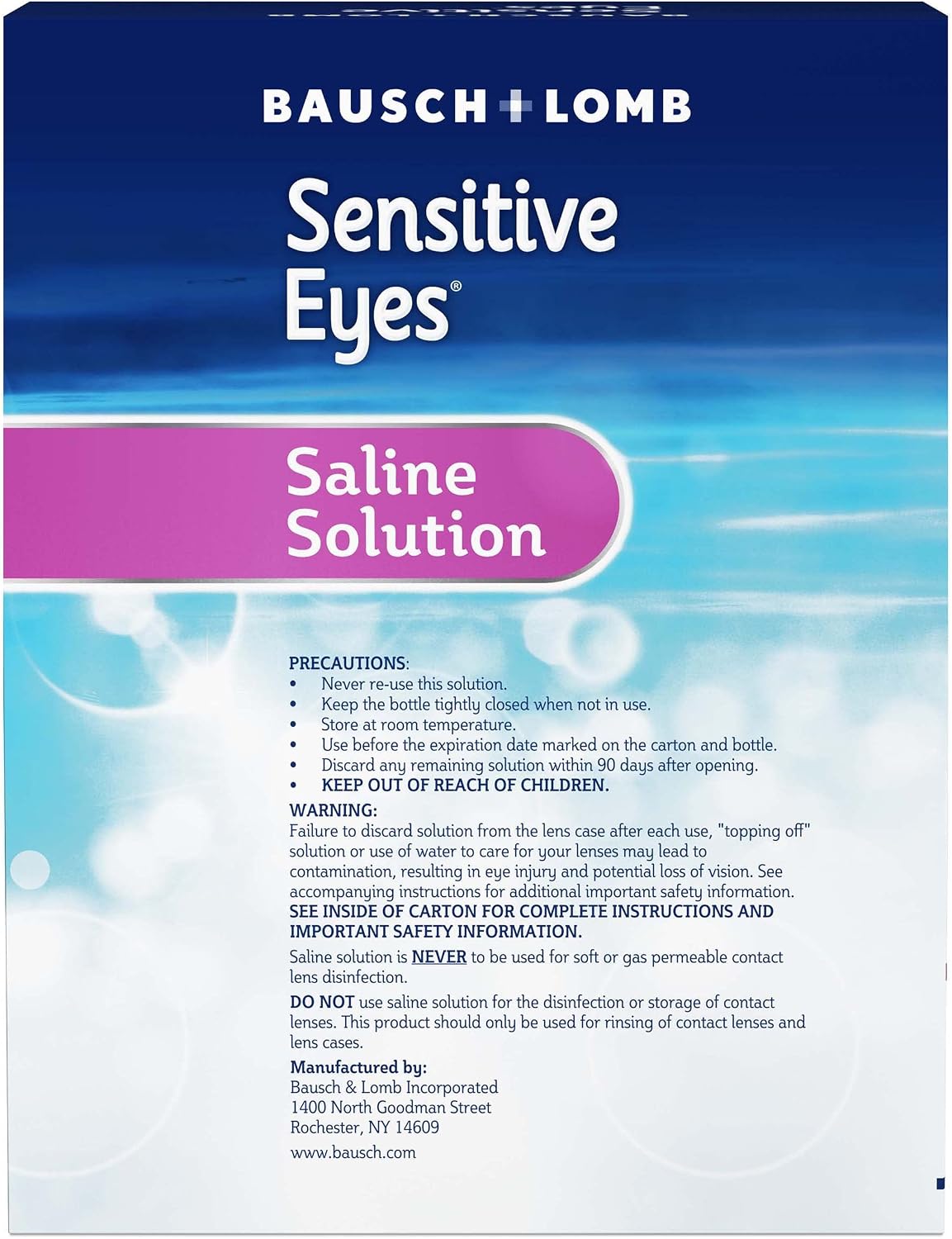 Bausch + Lomb Sensitive Eyes Saline Solution, Gentle Daily Rinse for Soft & Gas Permeable Contact Lenses, with Potassium, 12 Fl Oz (Pack of 2)