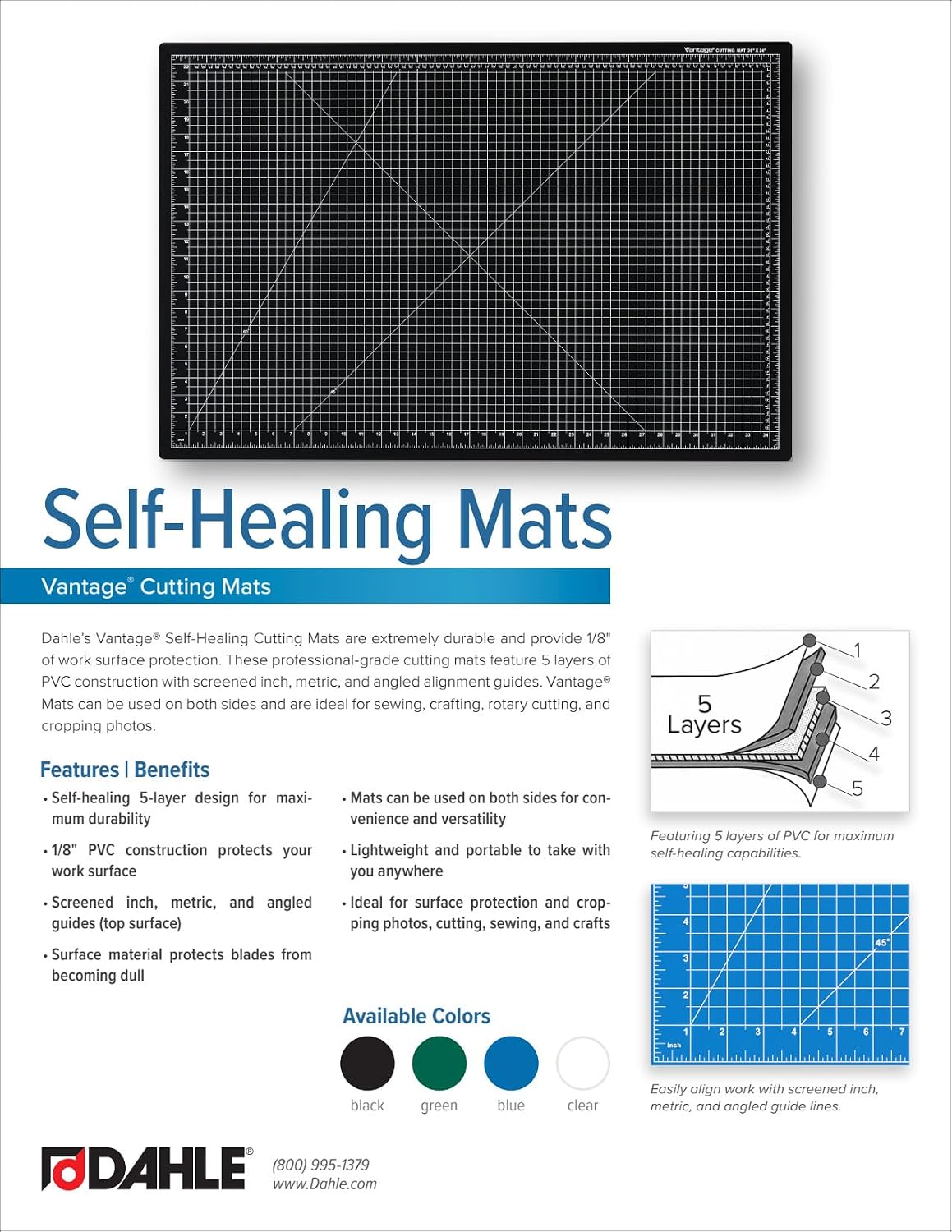 Dahle Vantage 10673 Premium Self-Healing Cutting Mat, 24"x36", 1/2" Grid, 5 Layers for Max Healing, Perfect for Crafts & Sewing, Black