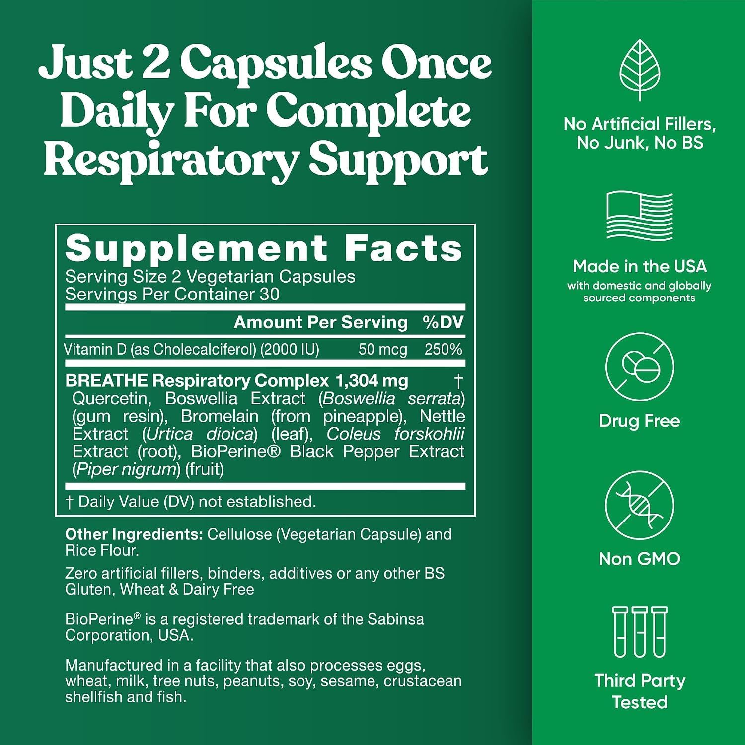 Breathe Inhaler Support Supplement - Sinus, Lungs, Open & Clear Airways - Seasonal Nasal Health, Bronchial Wellness, Healthy Chest - Quercetin, Vitamin D, Bromelain Pills - 60 Vegetarian Soft Capsules