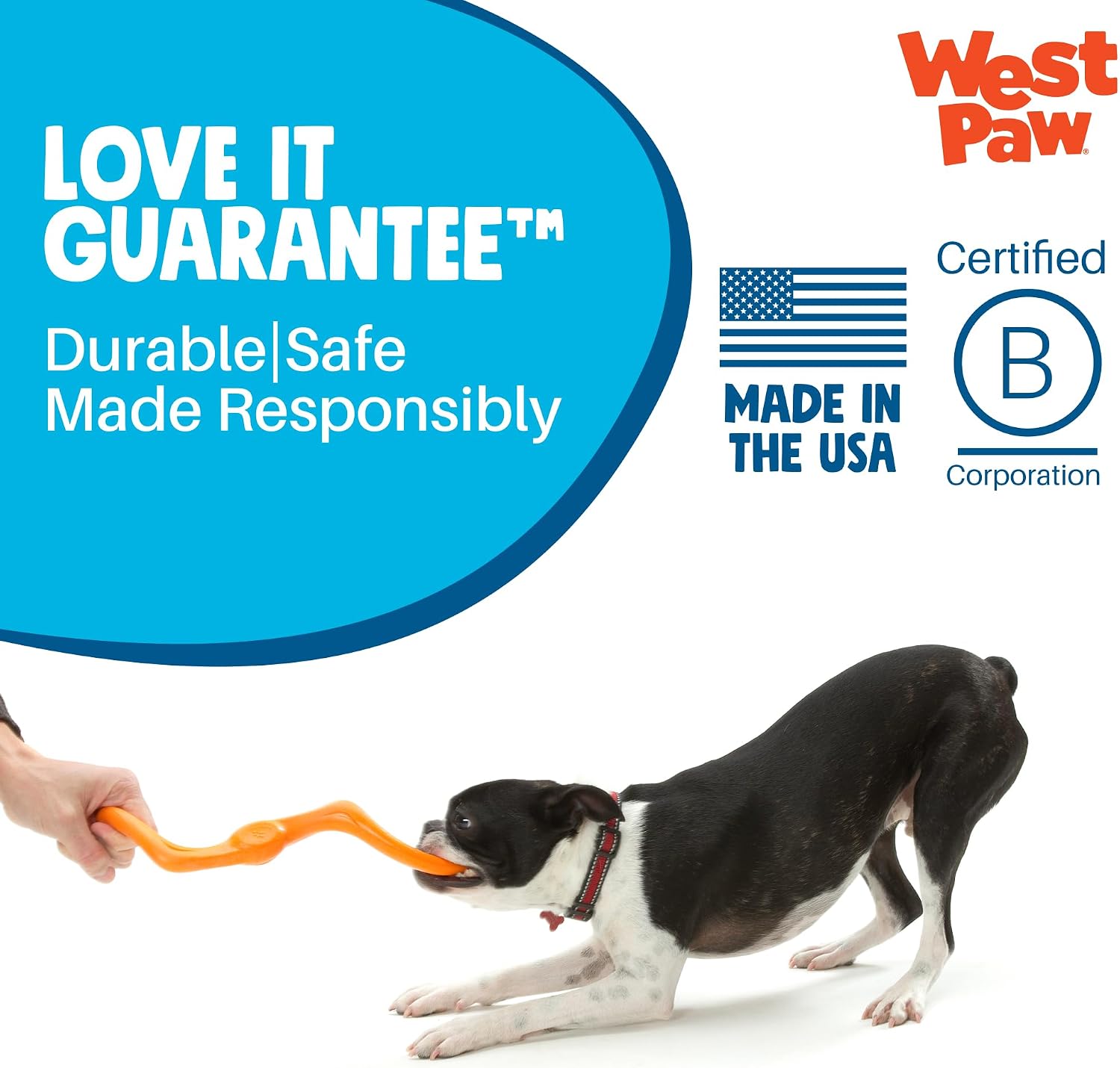 WEST PAW Zogoflex Bumi Dog Tug Toy – S-Shaped, Lightweight Chew Toys for Fetch, Play, Pet Exercise – Tug of War Soft Flinging Squishy Chewy Toy for Dogs – Guaranteed, Latex-Free, Small 8", Aqua Blue
