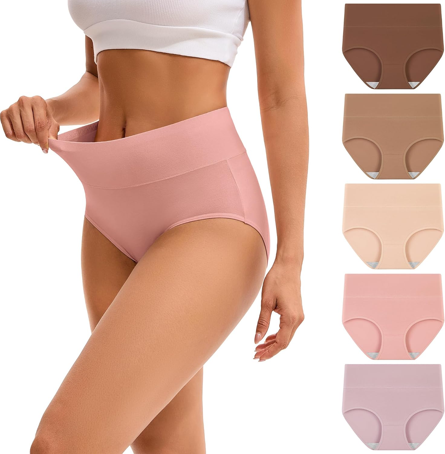 INNERSY Women's High Waisted Underwear Cotton Panties Regular & Plus Size 5-Pack