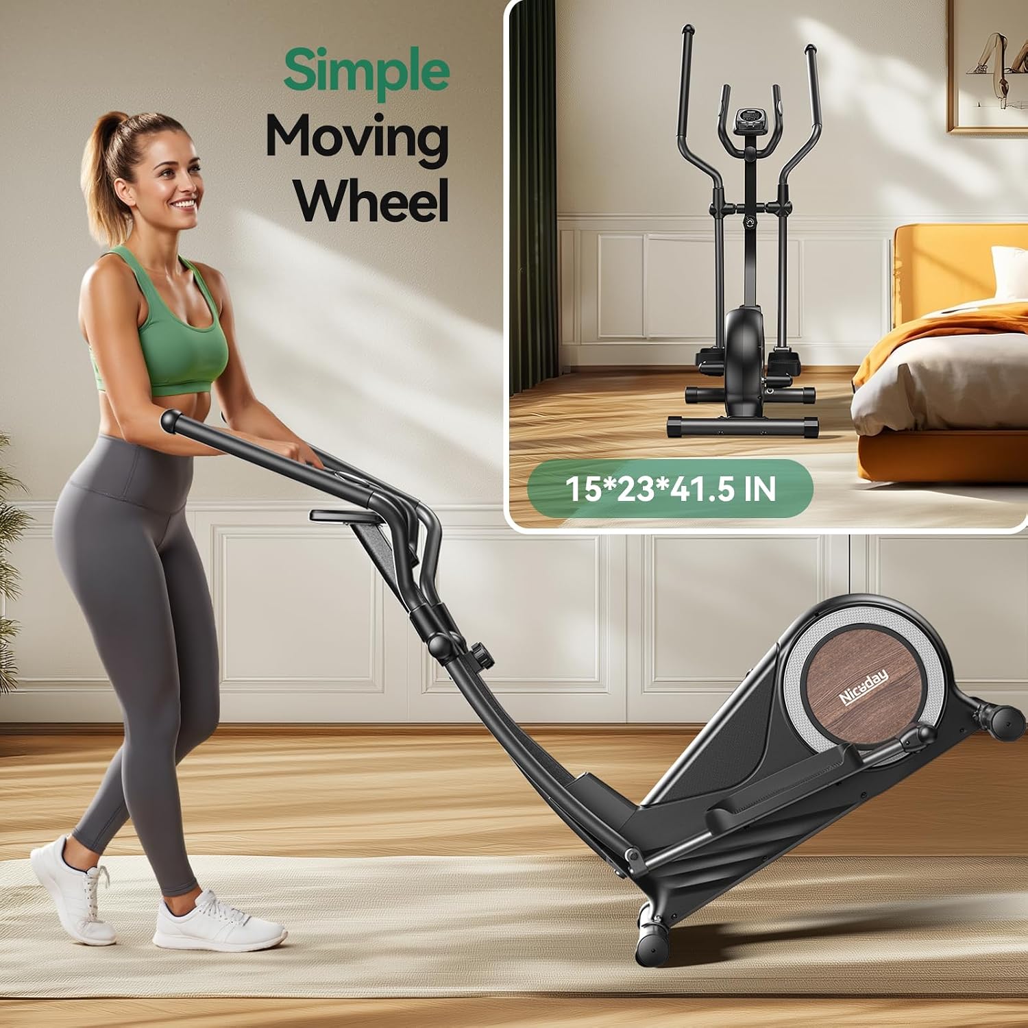 Niceday Elliptical Exercise Machine with 15.5/18/19IN Long Stride | Compact Elliptical Machine for Home Use, 16 Resistance Levels; 400LBS Stable Loading Capacity; Kinomap APP Support