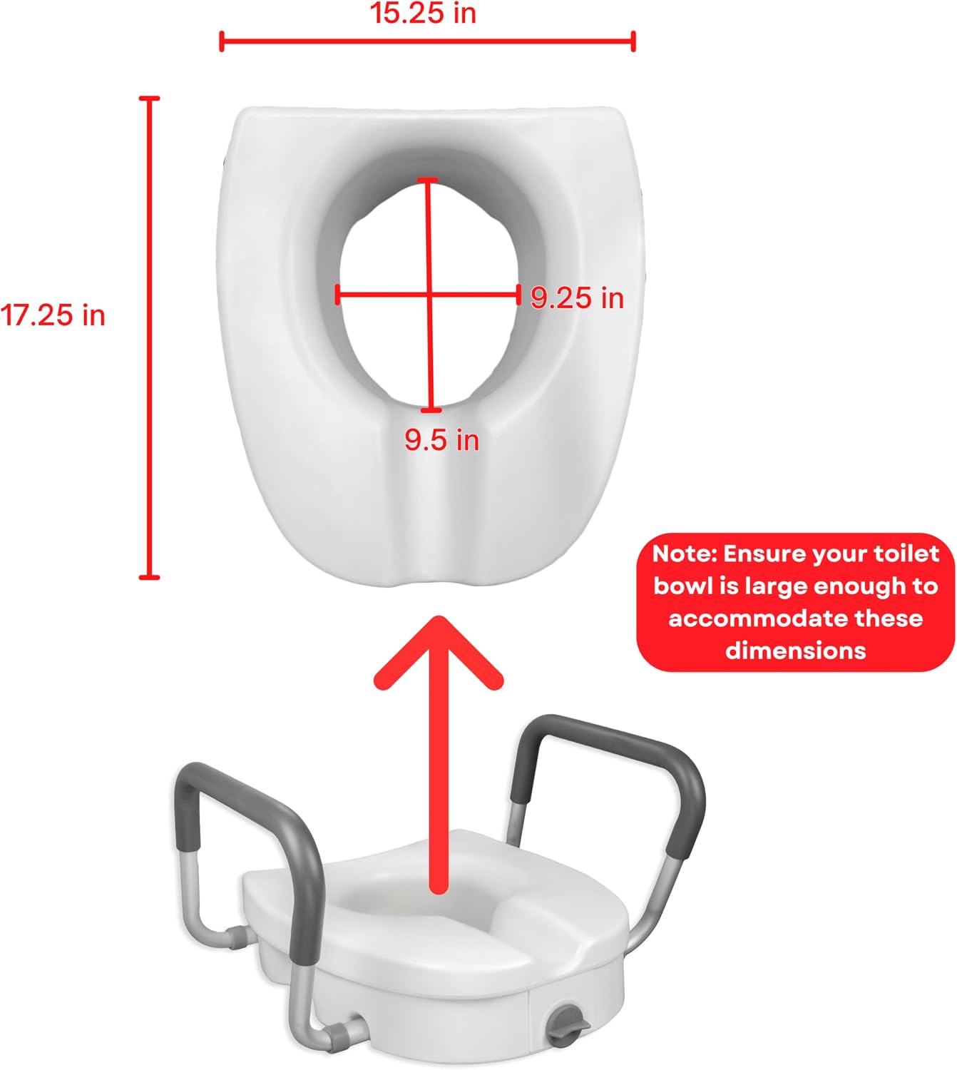 RMS Raised Toilet Seat - 5 Inch Elevated Riser with Adjustable Padded Arms