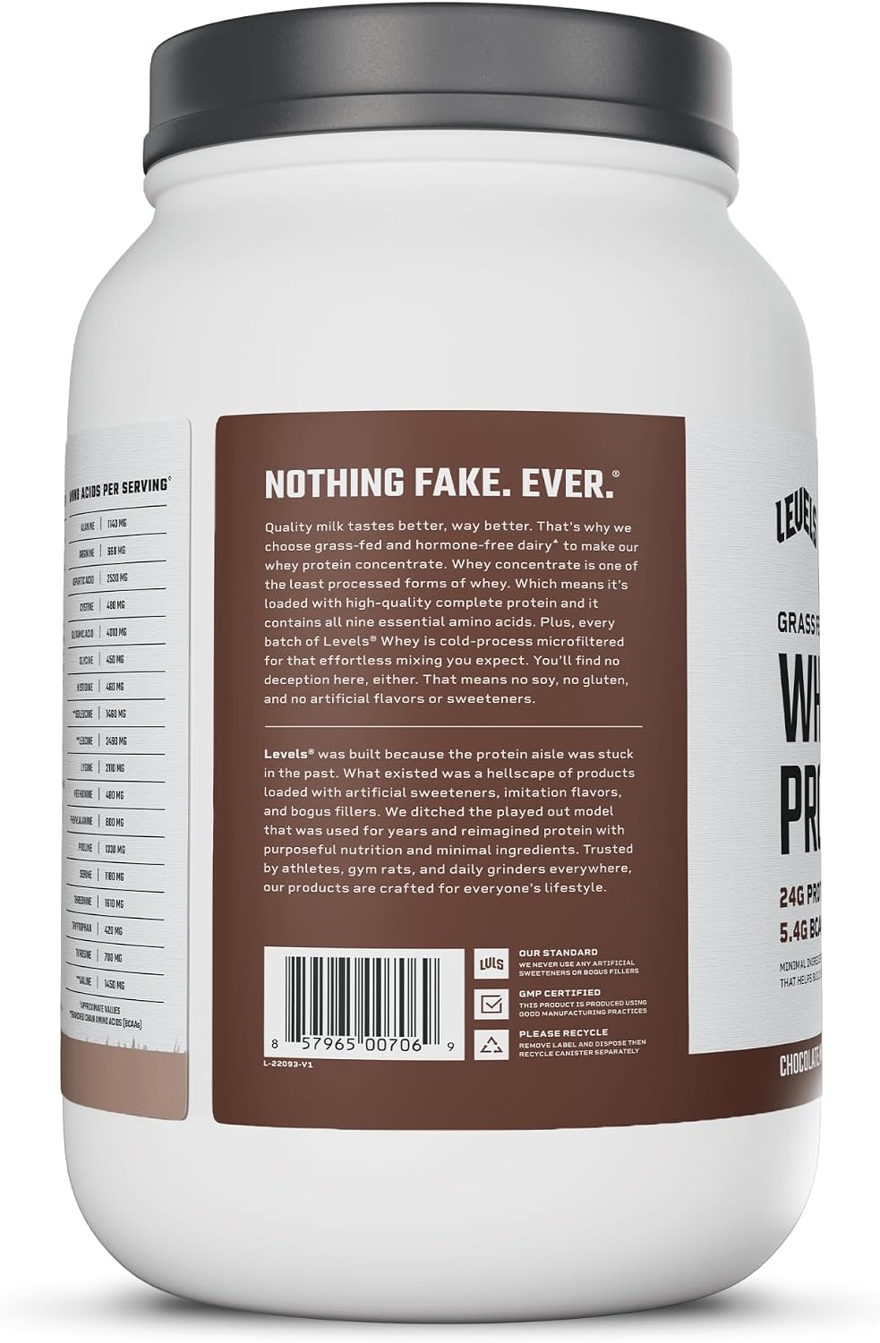 Levels Whey Protein Powder, No Artificial Ingredients, Pure Chocolate, 5LB | 24G of Protein, 5.4G BCAAs, Clean Ingredients, Hormone Free Dairy, No Fillers, No Added Sugar, No Junk