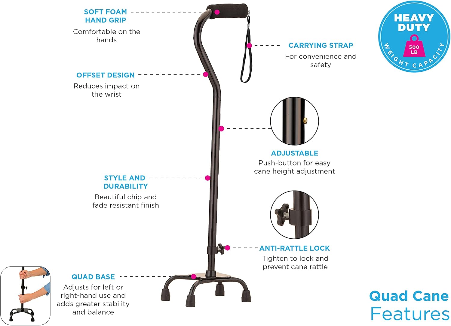 NOVA Heavy Duty Quad Cane with Large Base, 500 lb Weight Capacity Bariatric Walking Cane with Offset Handle, Adjustable Height Aluminum 4-Prong Cane, Right or Left Hand Use, Silver