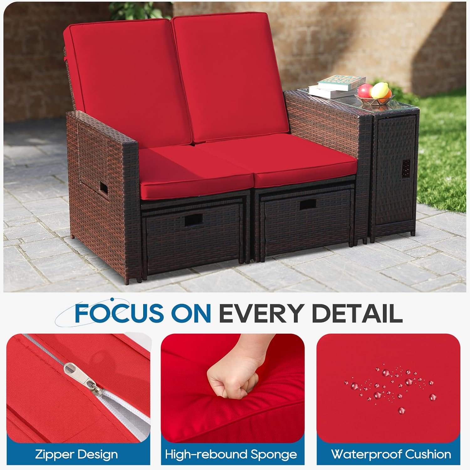 5PCS Outdoor Wicker Chaise Lounge Chair - Rattan Adjustable Reclining Patio Lounge Chair with Ottoman and Coffee Table