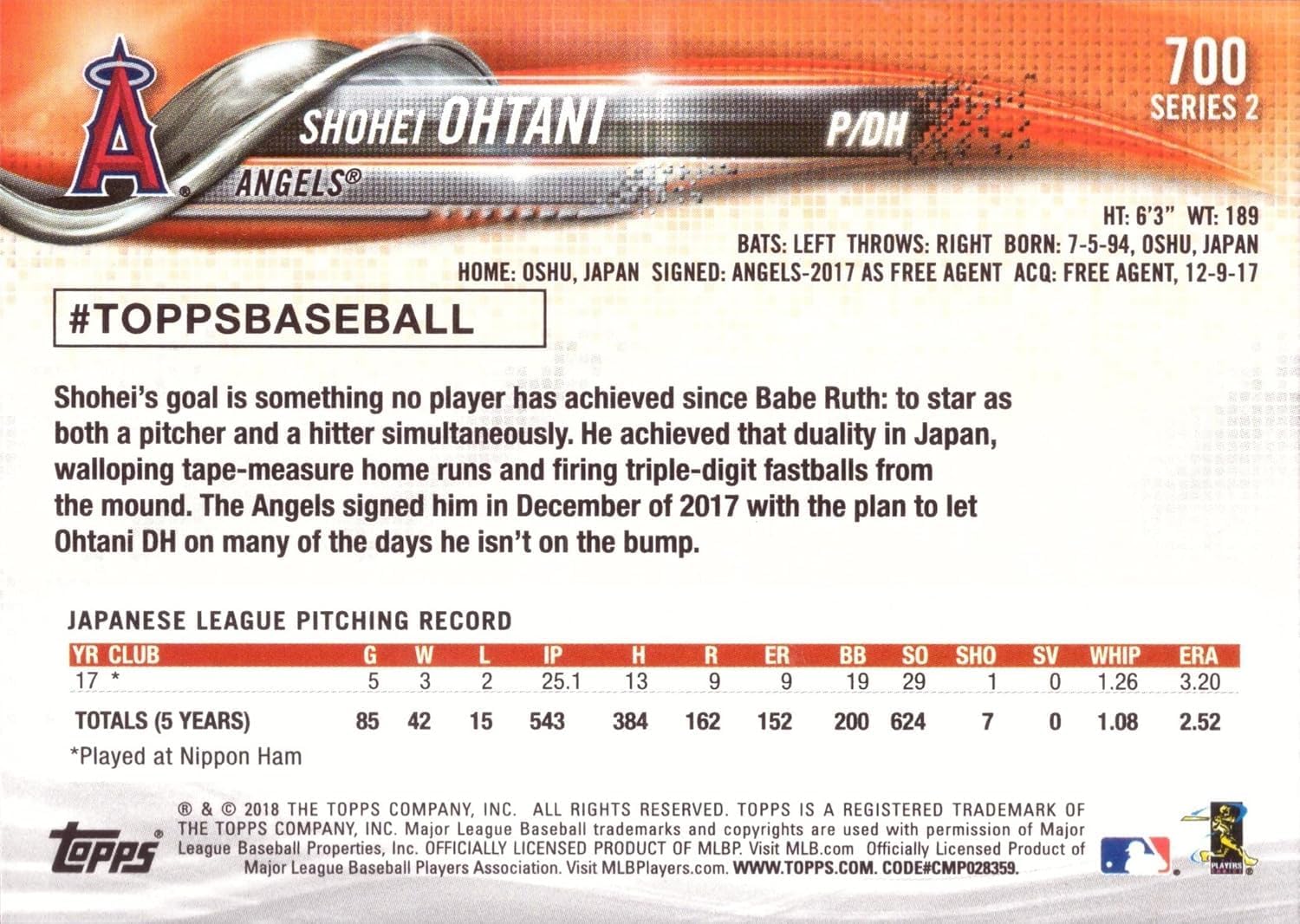 2018 Topps Baseball #700 Shohei Ohtani Rookie Card