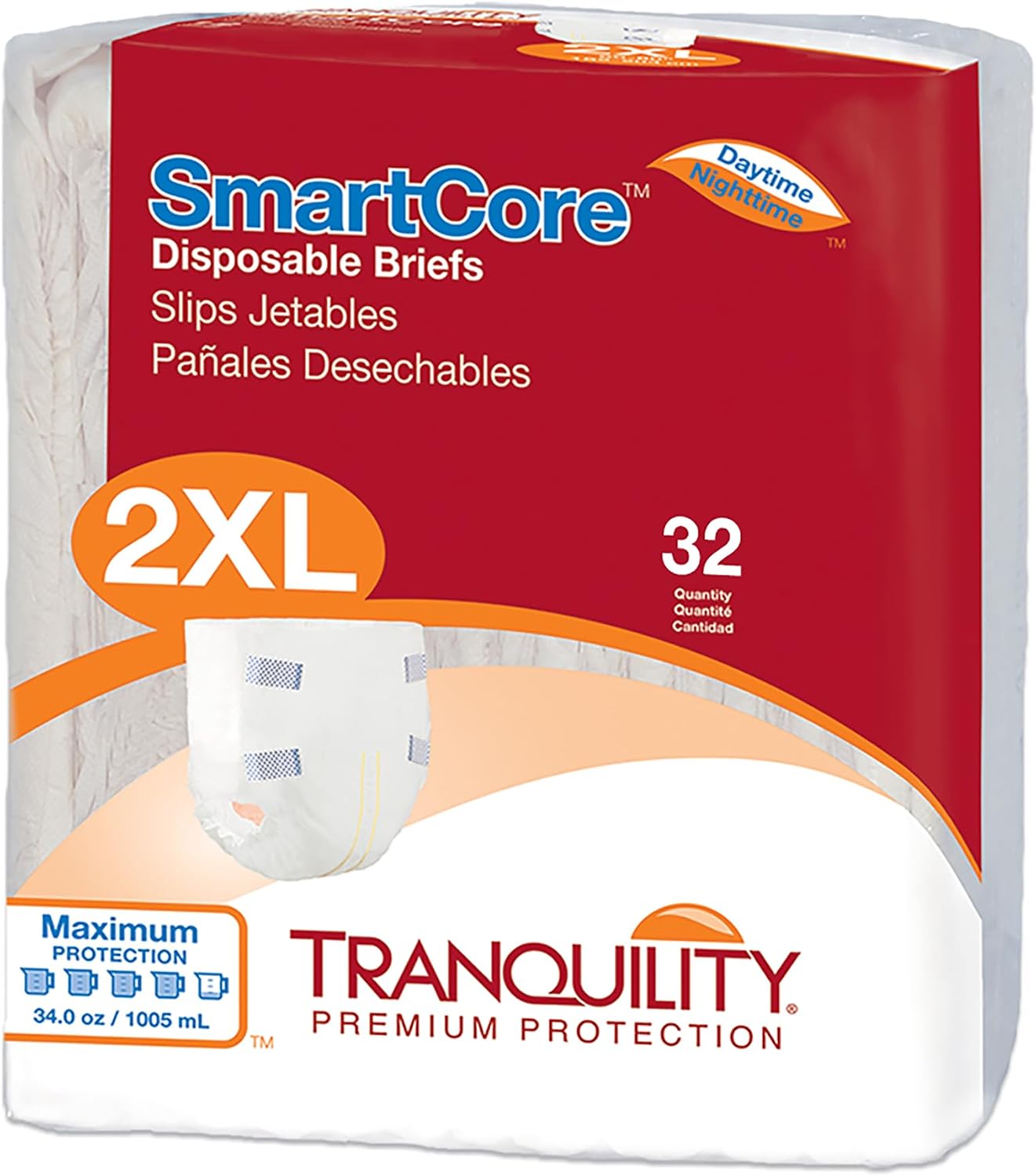 Tranquility SmartCore Adult Disposable Briefs, Incontinence Control with Breathable Kufguard Technology, Fastening Tabs & Wetness Indicator, Latex-Free, Adult XX-Large, 34oz Capacity, 32ct Case