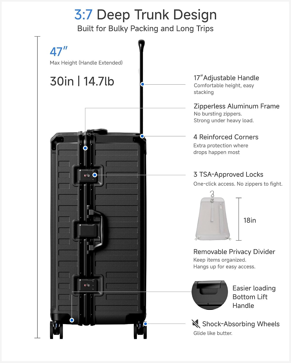 LUGGEX Zipperless Checked Suitcase, Aluminum Frame, Charcoal Metallic, 28" | Checked Luggage, 100% PC Hard Shell, 8010S Aluminum Frame, 8 Spinner Wheels, TSA Lock, Hard Shell, ZX-Core