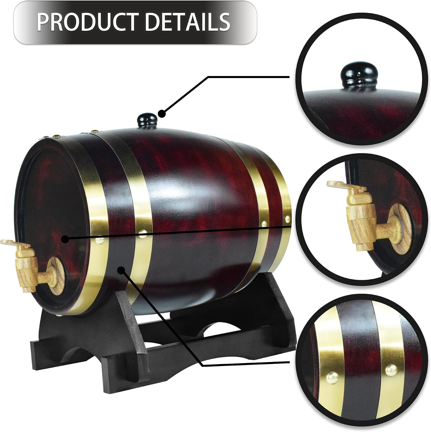 1.5L Whiskey Barrel Dispenser Oak Aging Barrels Home Whiskey Barrel Decanter for Wine, Spirits, Beer, and Liquor (Red Wine)