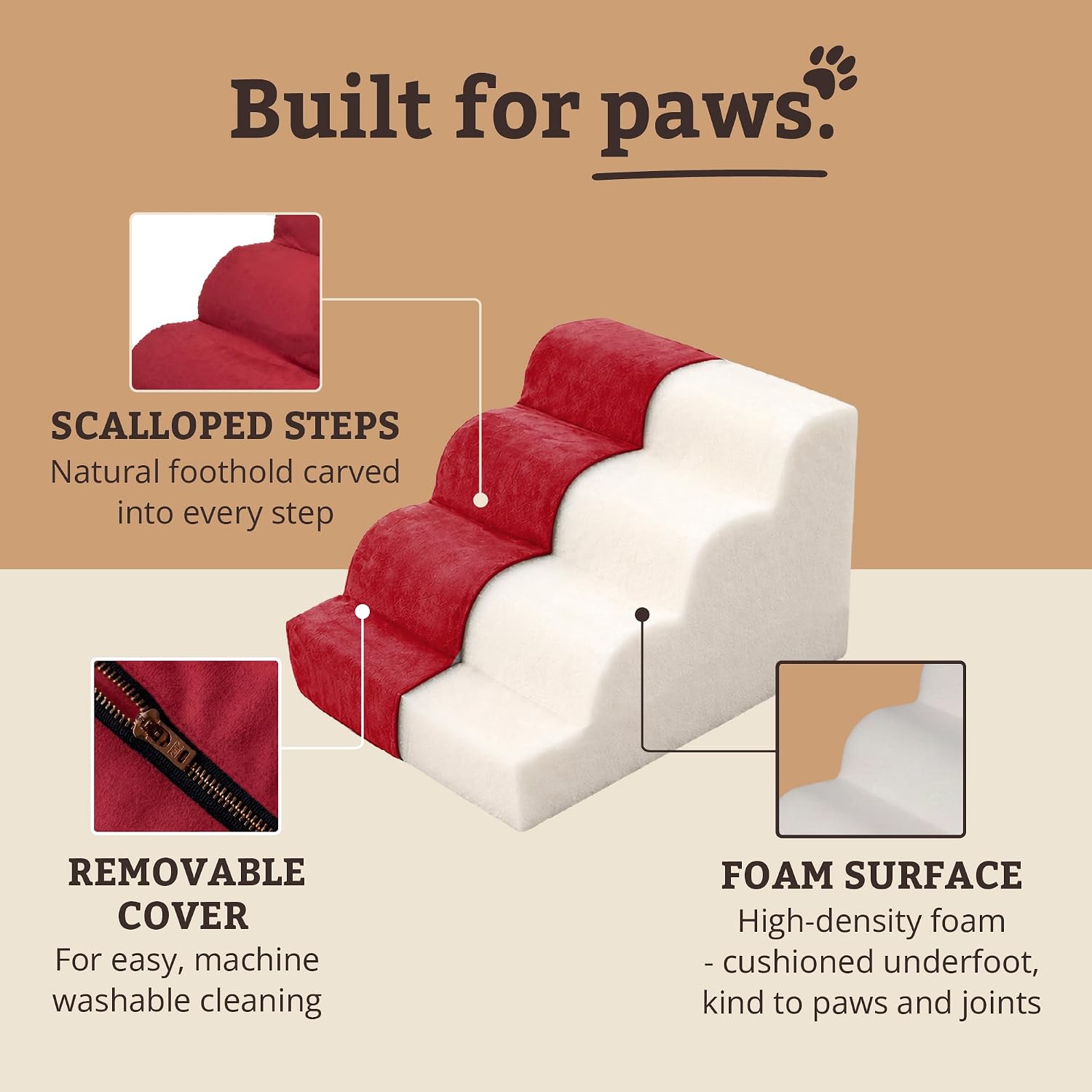 Snoozer Scalloped Dog Ramp, 14” Tall Foam Pet Stairs, 3 Steps, Red | Lightweight & portable foam dog stairs, Removable washable cover, Great for small, old, or injured pets up to 100lbs