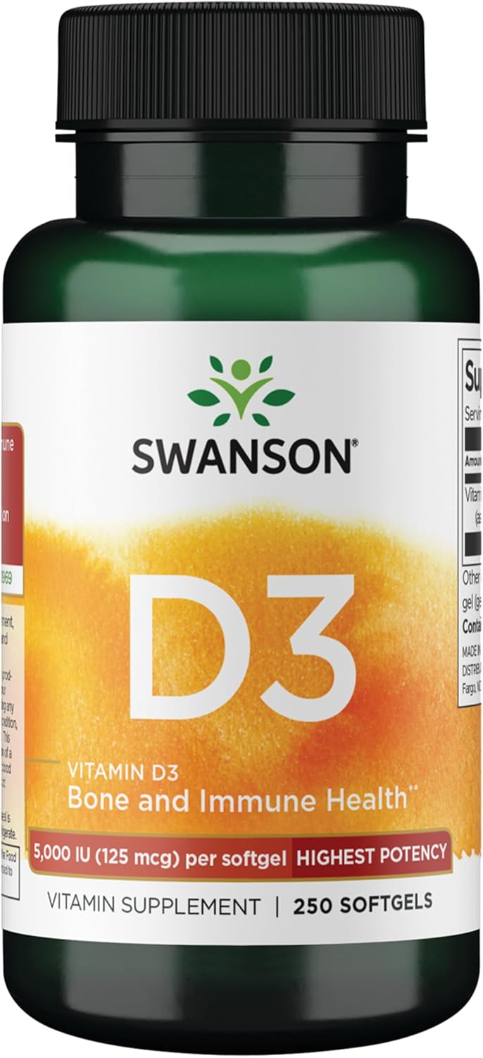 Swanson Vitamin D3 5,000 IU, 125 mcg Cholecalciferol, 250 Softgels | For Sun-Deprived Adults Seeking Bone, Immune, and Heart Support, 125 mcg Cholecalciferol, the Active Vitamin D3