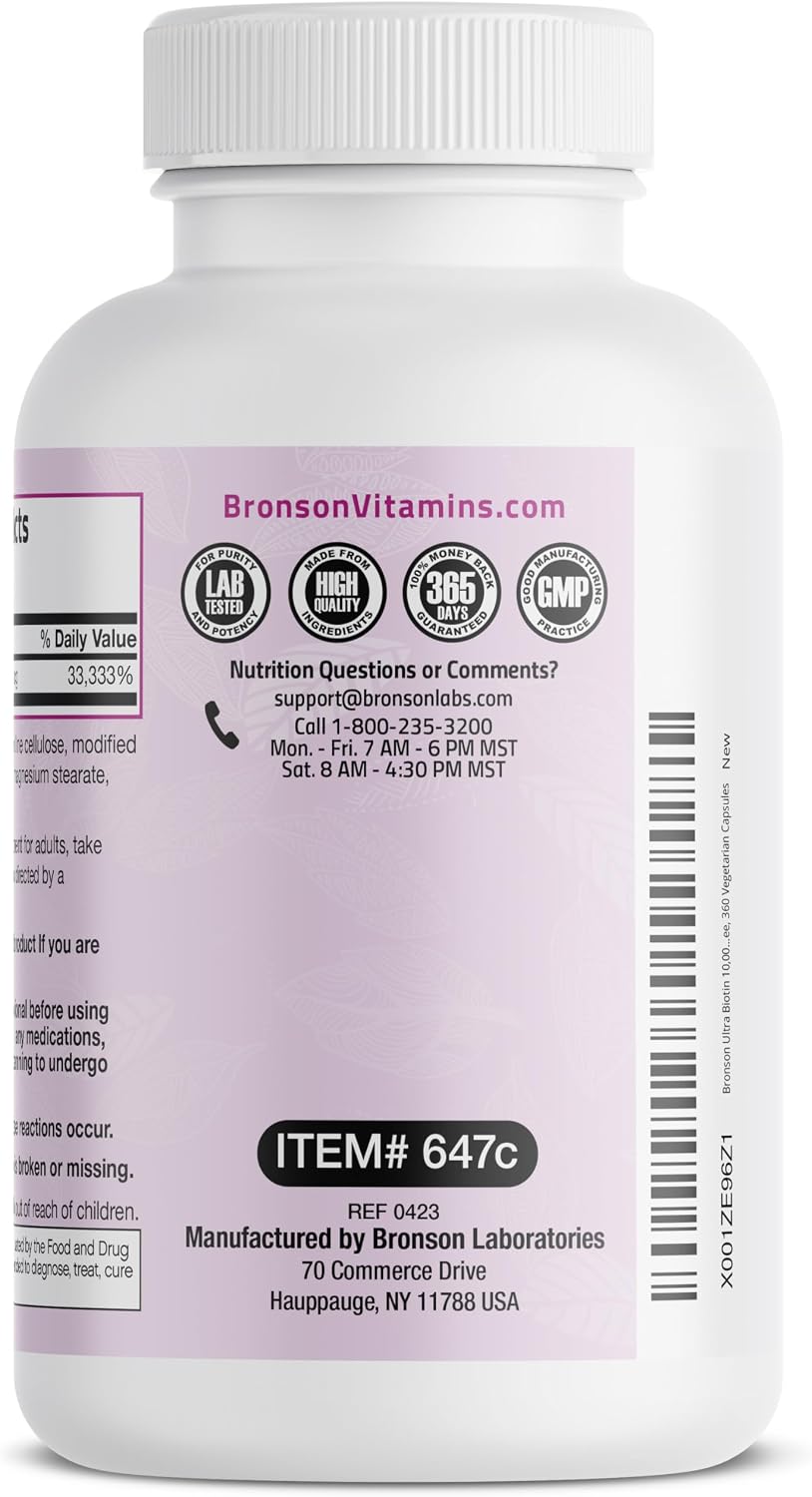Bronson Ultra Biotin 10,000 Mcg Hair Skin and Nails Supplement, Non-GMO, 120 Vegetarian Capsules