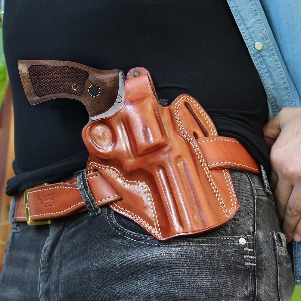Premium Leather Three Slot OWB Pancake Holster with Thumb Break Fits, GP-100 357 Magnum 4.20" Barrel (Please Choose Your Hand Draw) Brown Color