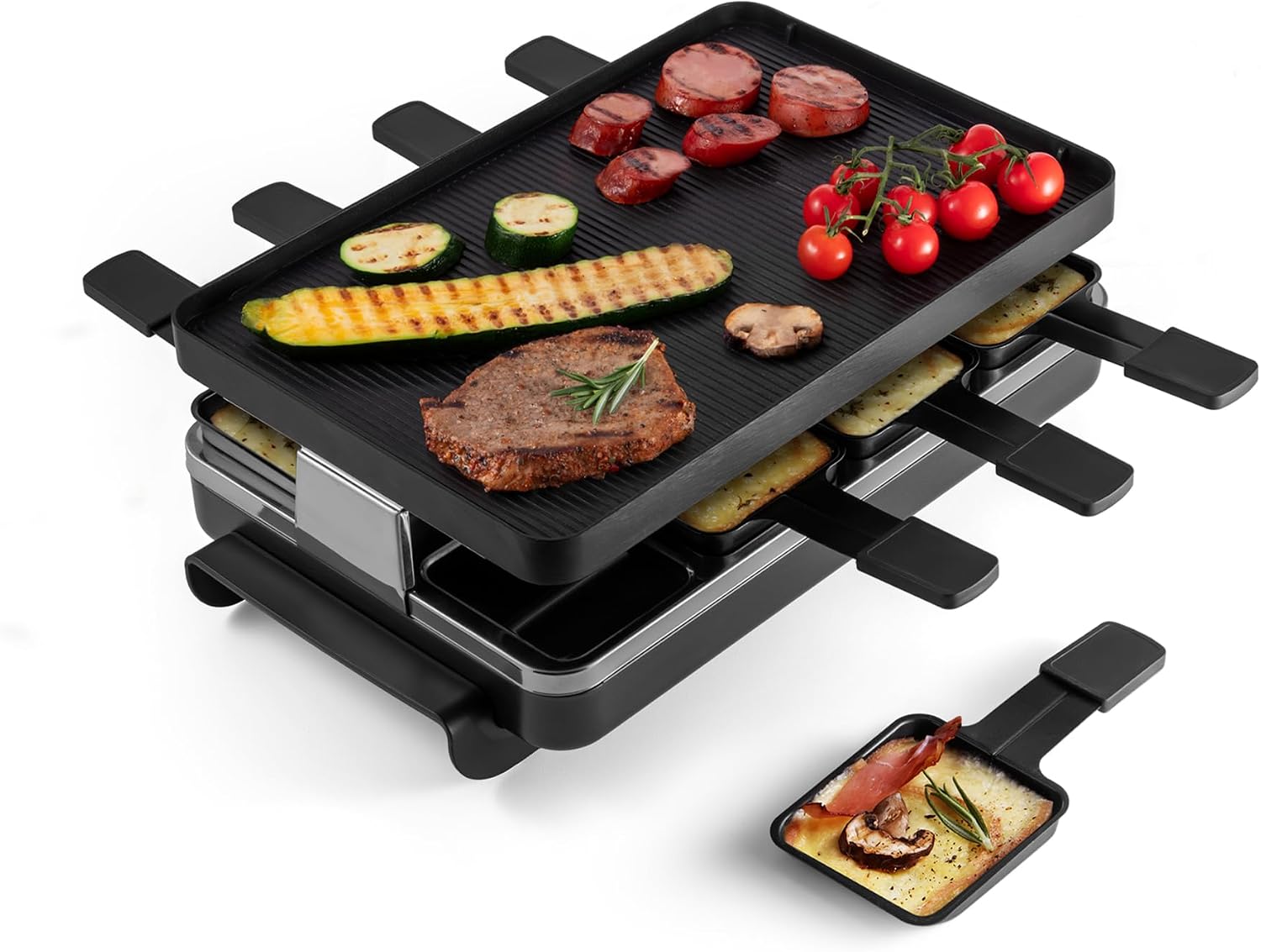 Swissmar Classic 8-Person Raclette Party Grill - Indoor Electric Grill & Griller with Reversible Cast Iron Grill Plate/Crepe Top - Anthracite Black