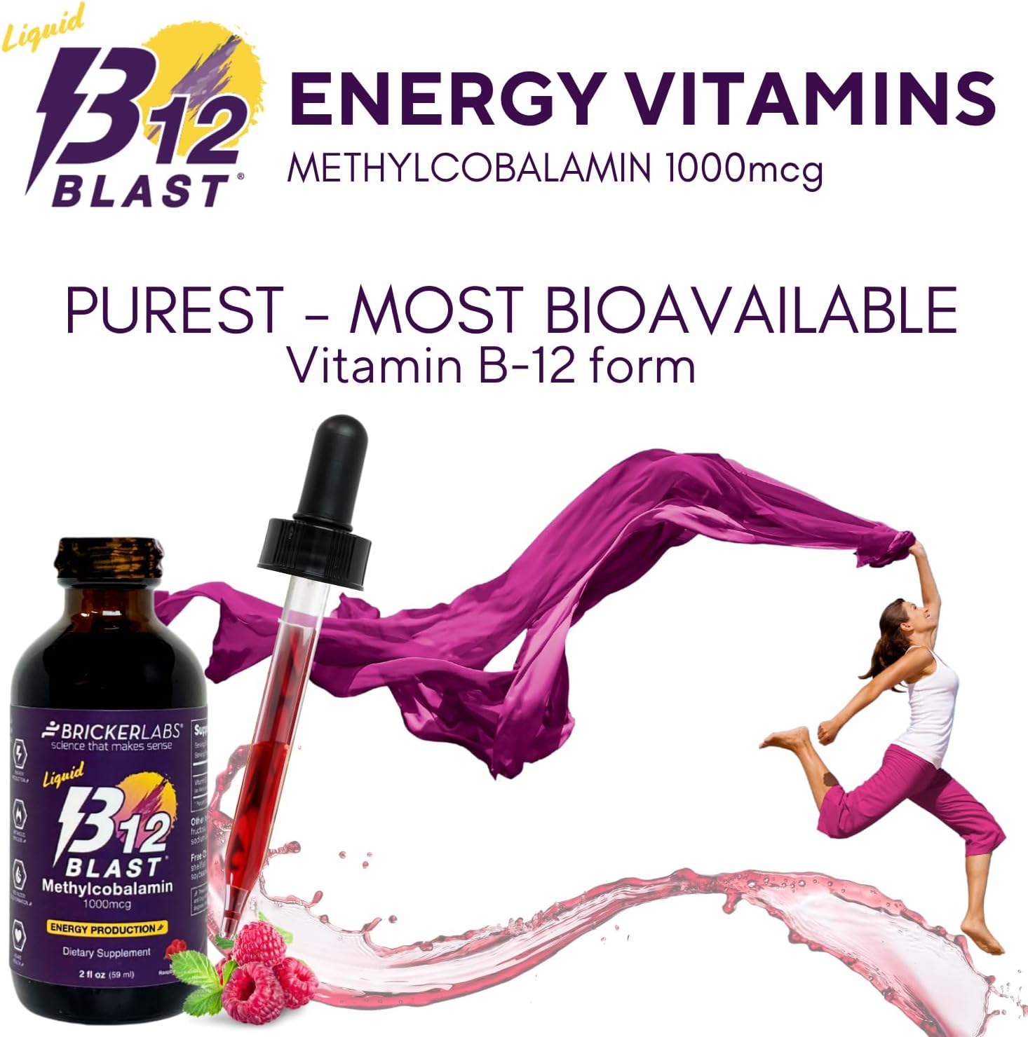 Bricker Labs B12 Blast Methylcobalamin 1000mcg, Great Tasting Sublingual Liquid Energy Vitamins -Vegan B12 Vitamins, Sustained Energy and Cellular Energy Supplement - 59-Day Servings