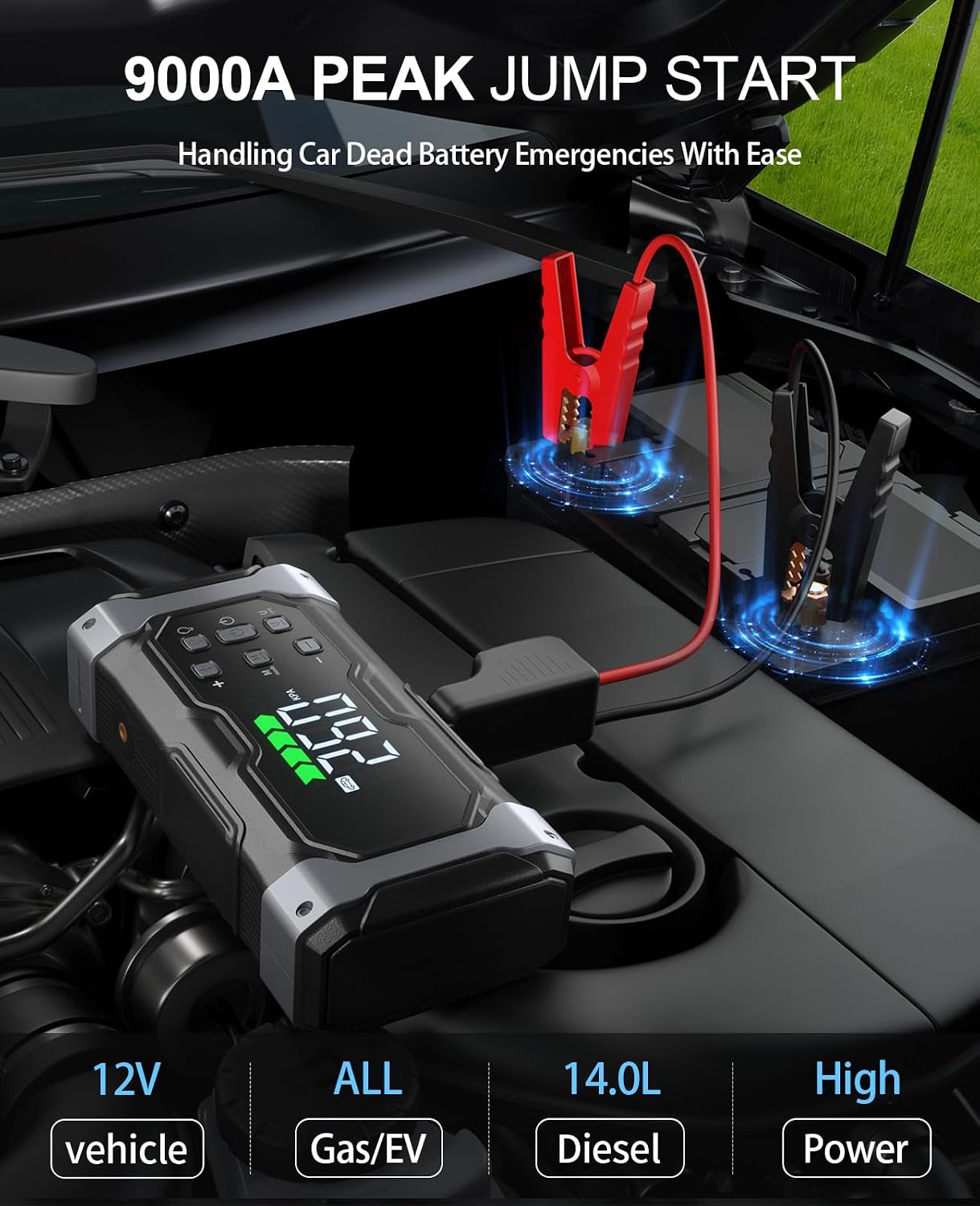 All-Around 9000A Jump Starter with 150PSI Air Compressor/Deflator, 12V Portable Car Booster (All Gas/14L Diesel), 9-in-1 Power Pack with Real-Time LCD