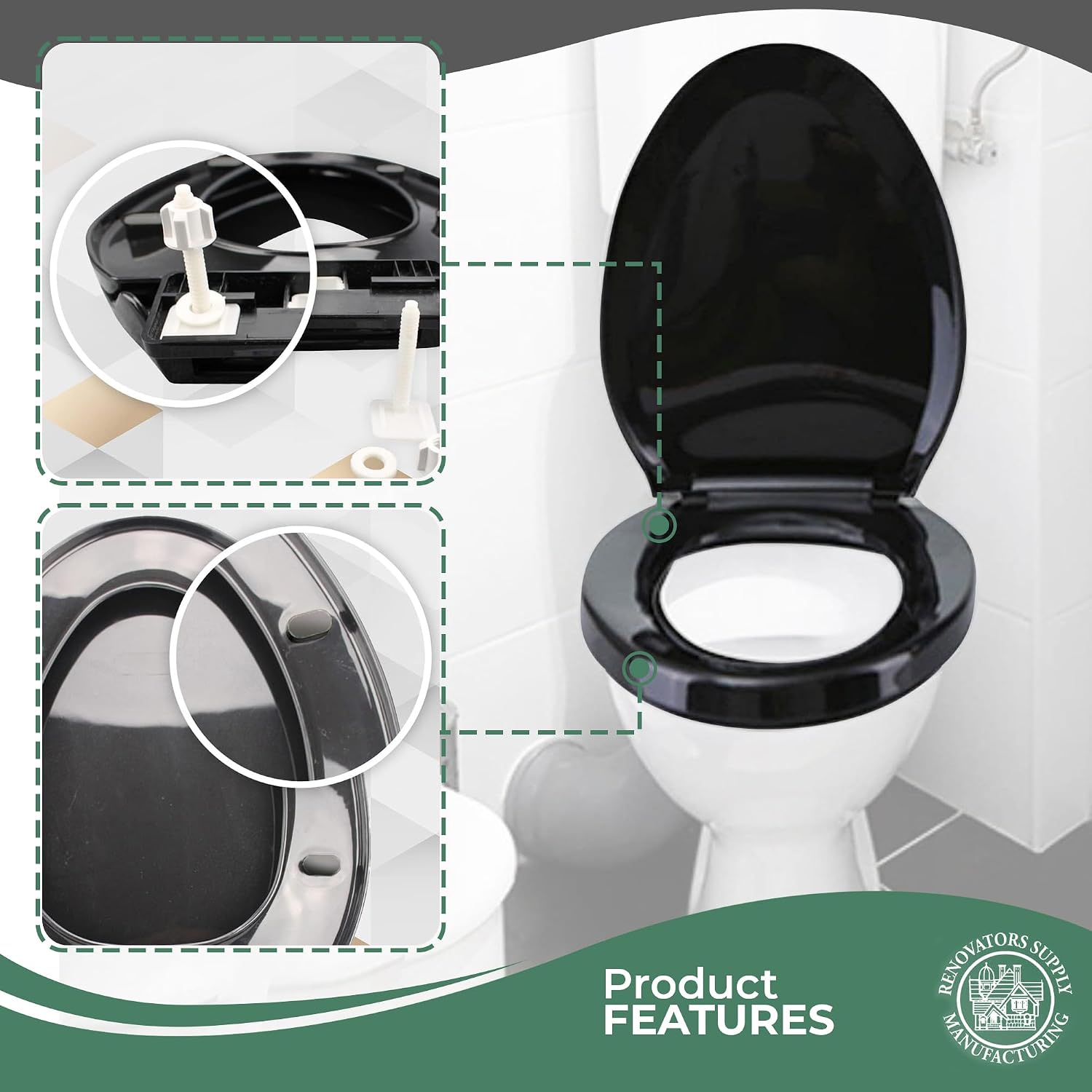 Renovators Supply Manufacturing Plastic Soft Close Toilet Seat Elongated Quiet-Close Lid, Contoured Seat, Easy to Install and Clean, Grip-Tight Bumpers with Adjustable Mounting Hardware, Black