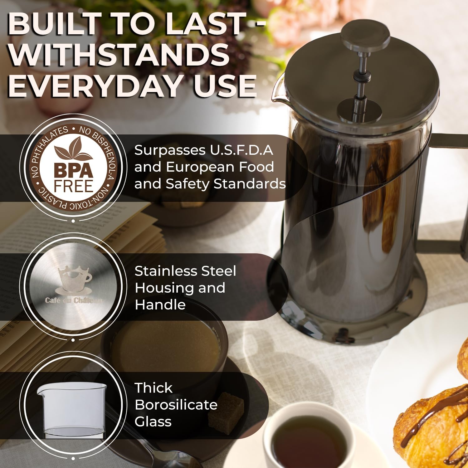 Cafe Du Chateau French Press Coffee Maker, 34 oz Glass, Stainless Steel | Easy Brew, Durable Clear Glass, 4-level Filtration, 34 oz Capacity, Coffee Press for Camping, Tea Brewer, BPA-Free Materials