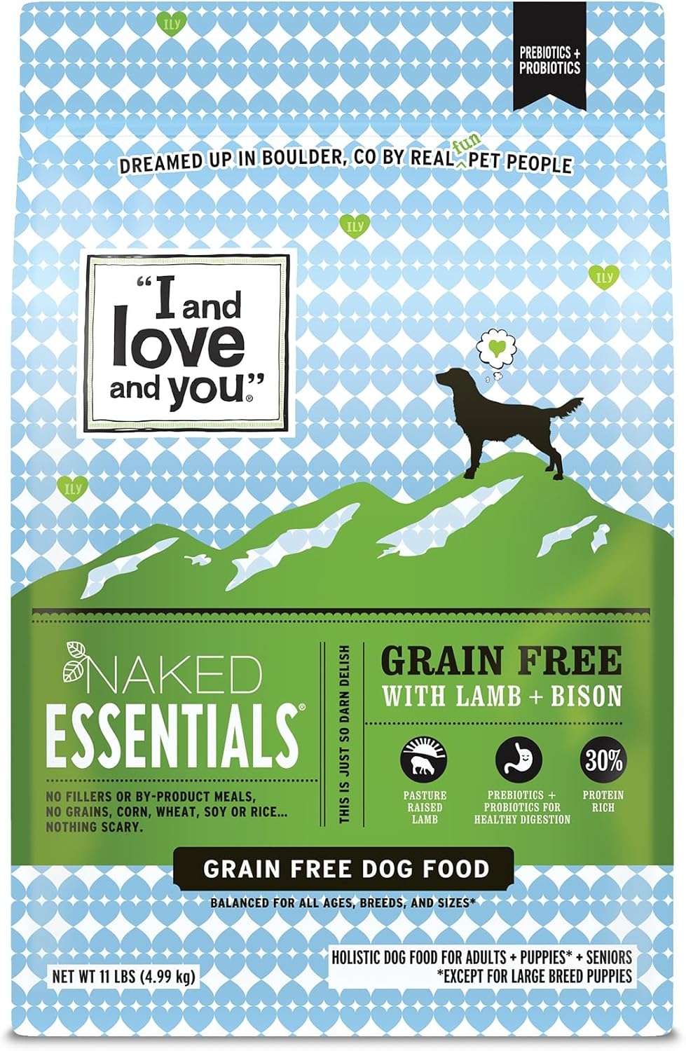 I and love and you Naked Essentials Dry Dog Food - Lamb + Bison - High Protein, Real Meat, No Fillers, Prebiotics + Probiotics, 4lb Bag