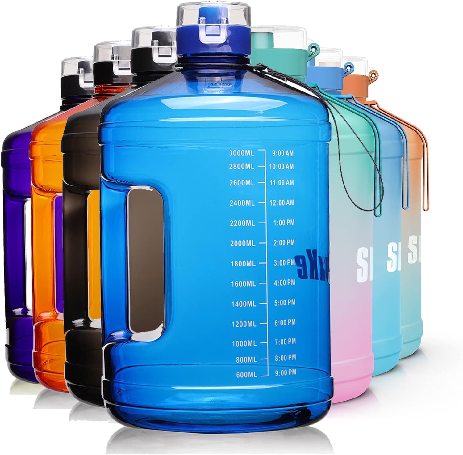 SLUXKE Gallon Big Water Bottle with Handle, 128oz Leakproof BPA Free Fitness Sports Water Bottle with Motivational Time Marker & Wide Mouth Ensure You Drink More Water