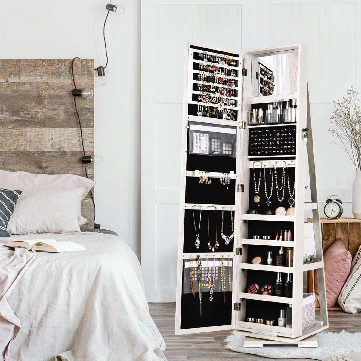 CHARMAID 360° Swivel Jewelry Armoire with Higher Full Length Mirror, Standing Lockable Jewelry Cabinet Organizer with Large Storage Capacity