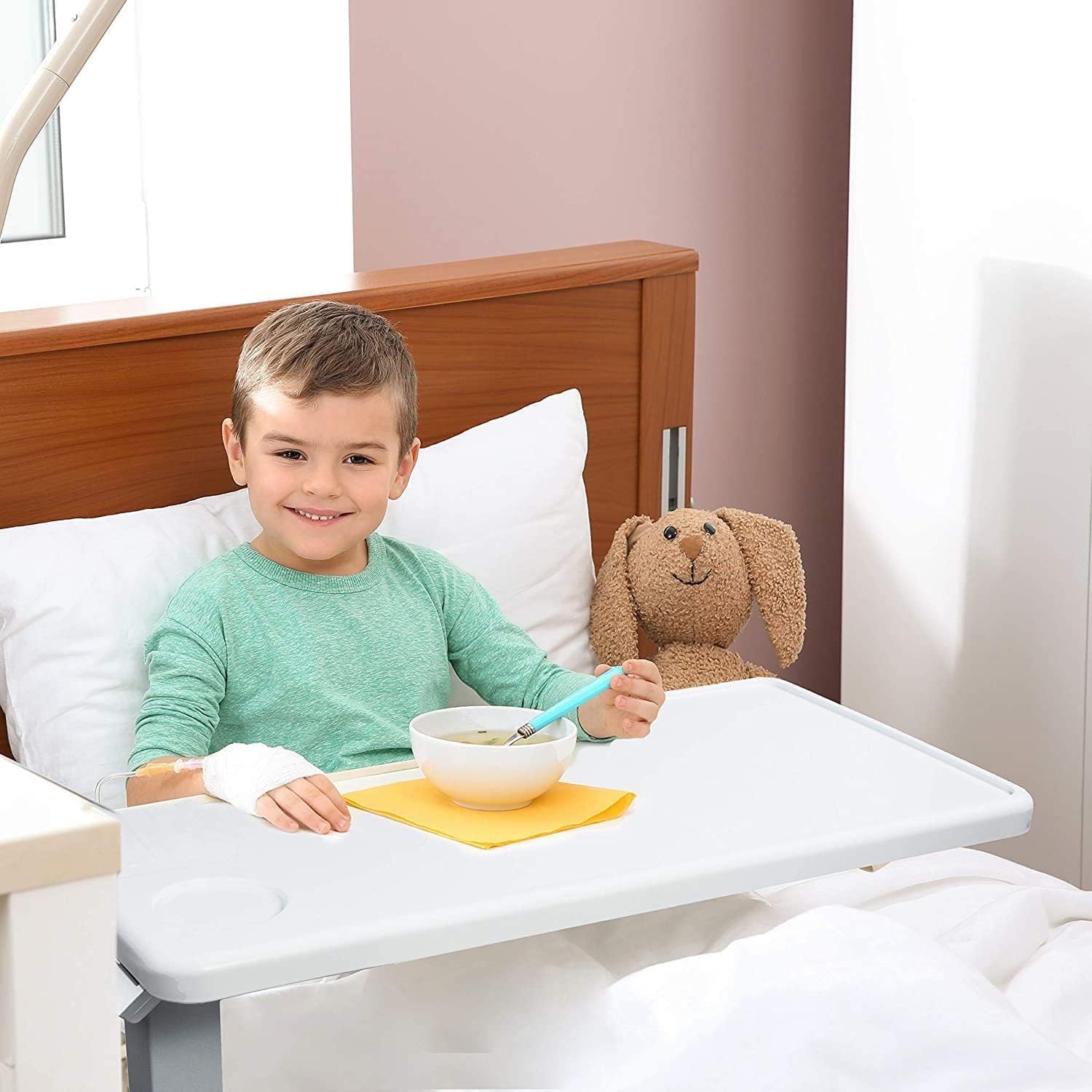 Vaunn Medical Adjustable Overbed Exam Bedside Table with Wheels (Hospital and Home Use), New Tabletop, Light Gray