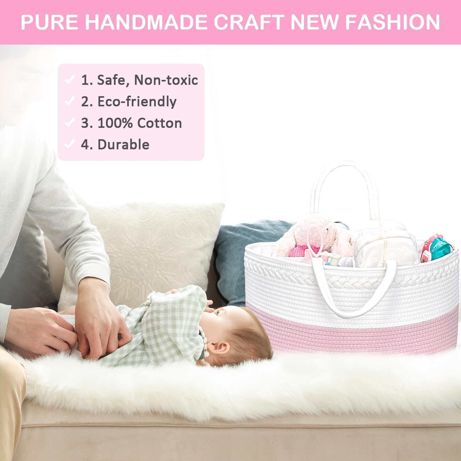 ABenkle Diaper Caddy Organizer - Cotton Rope Nursery Storage Basket for Baby Essentials, Boys & Girls Shower Gift, Changing Table Organizer