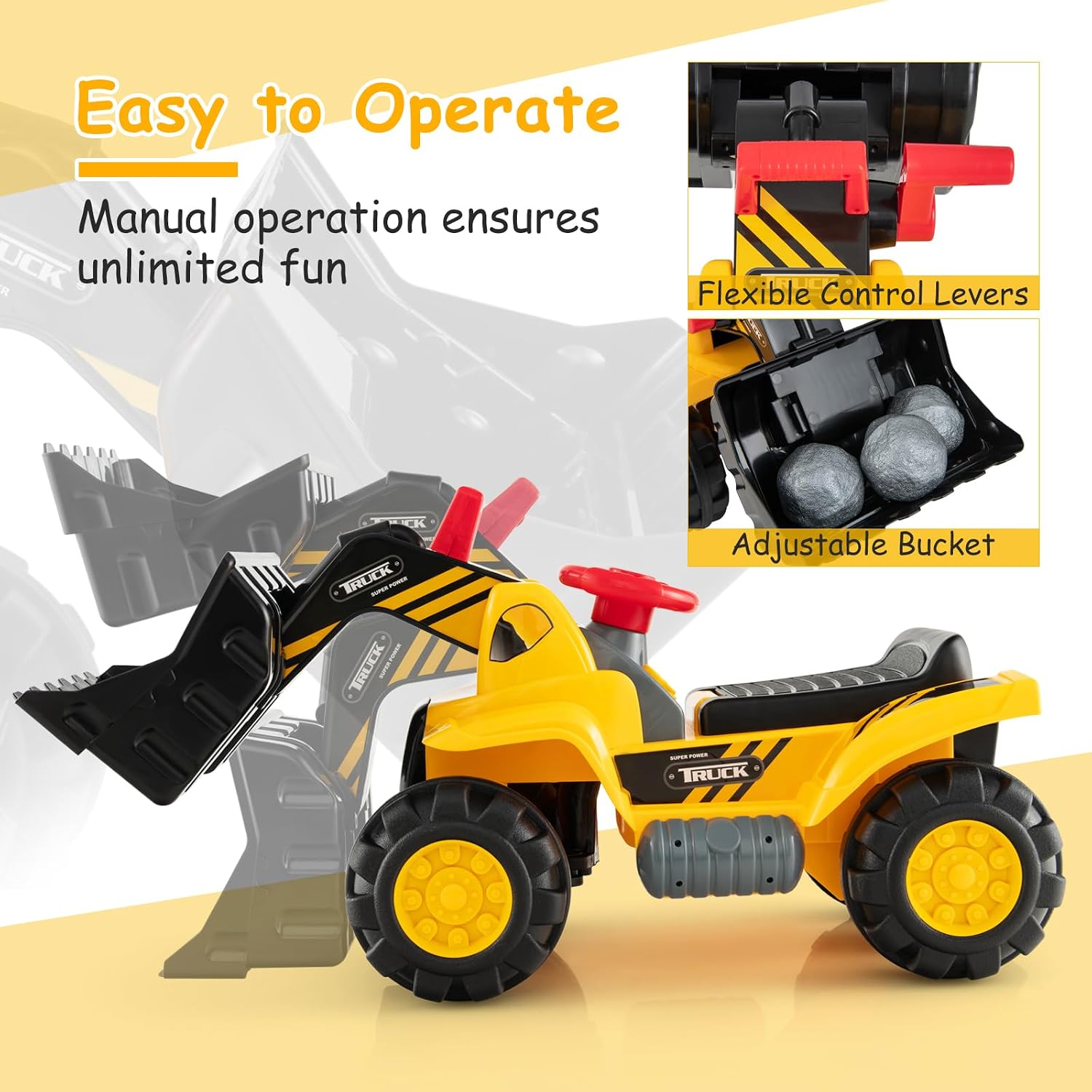 Costzon Ride on Excavator, Ride on Construction Vehicles w/Helmet, 3 Toy Stones, Realistic Sound, Adjustable Bucket & Under Seat Storage, Bulldozer Ride on Toy Gift for Kids Boys & Girls