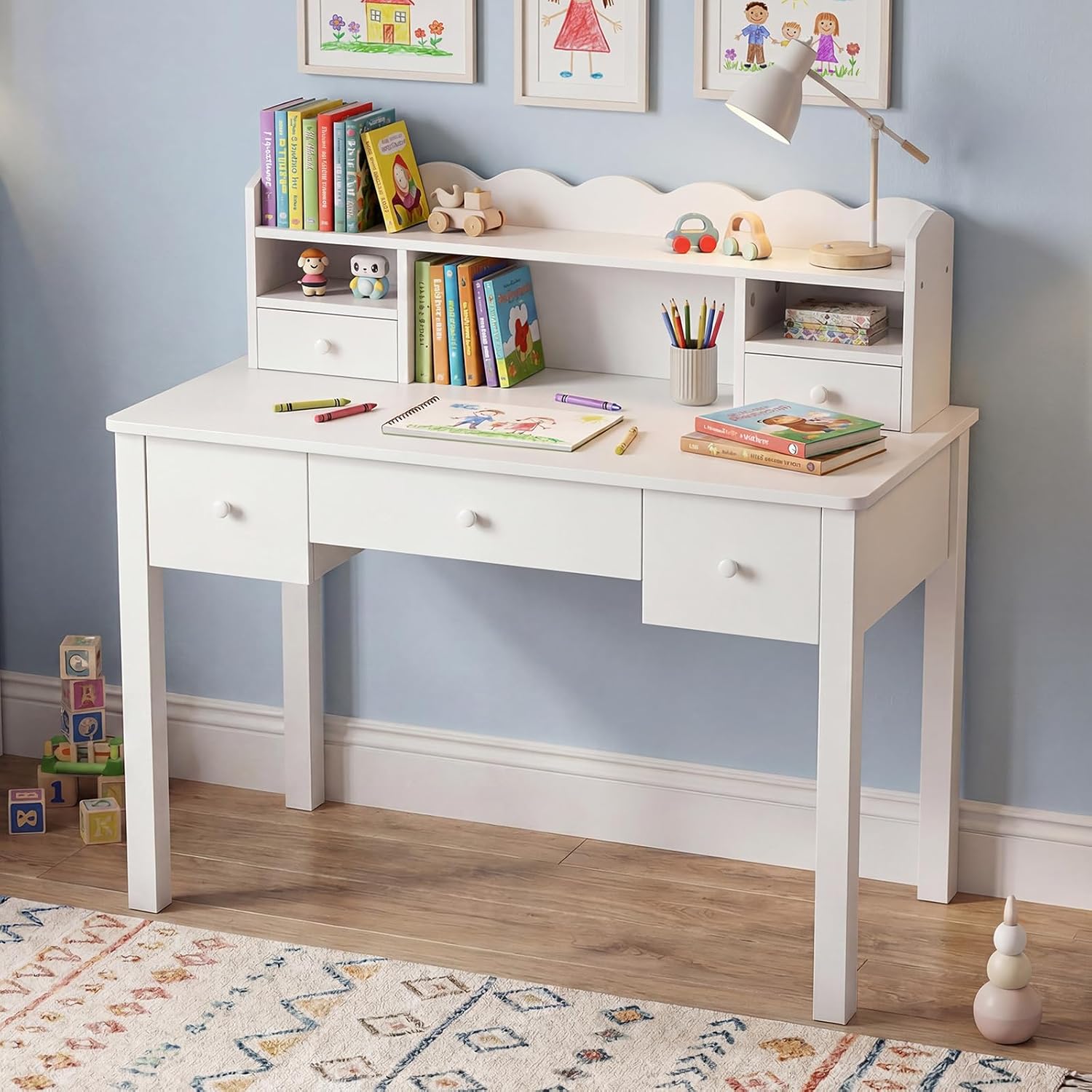 FUNKOCO Writing Desk with Hutch, 40" Small White Desk for Girls, 5 Drawers