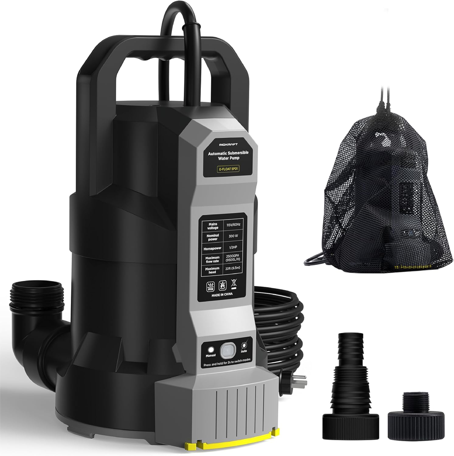 InoKraft E-Float Automatic Sump Pump with Auto/Manual Mode, Black | 1/2HP, 2500 GPH Submersible, Mesh Bag, Universal Hose Adapters