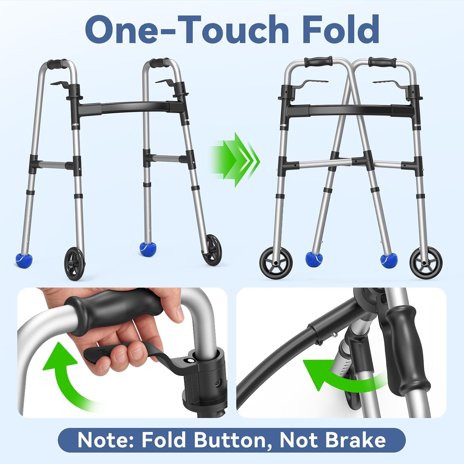 Loyoda Folding Walker with Basket and Glide Skis, 5" Wheels, Lightweight | Standard Walker for Seniors and Adults, Offers 8 Height Adjustments (31"-38"), Supports up to 350 lbs