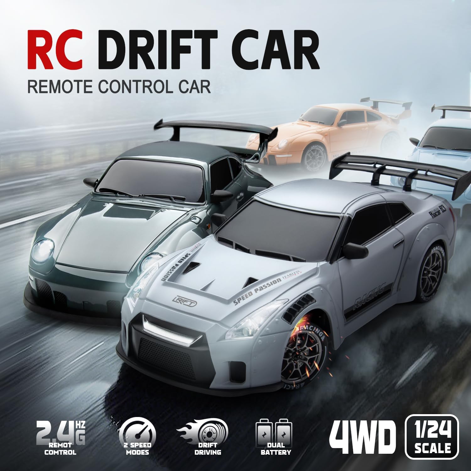 RC Drift Car Purple Racing Livery 1/24 Remote Control Car for Adult | 20KM/H 4WD Low/High Speed RC Cars with LED Lights, Extra Drifting Tires, Vehicle for Kids Boys Girls Beginners Indoor Outdoor