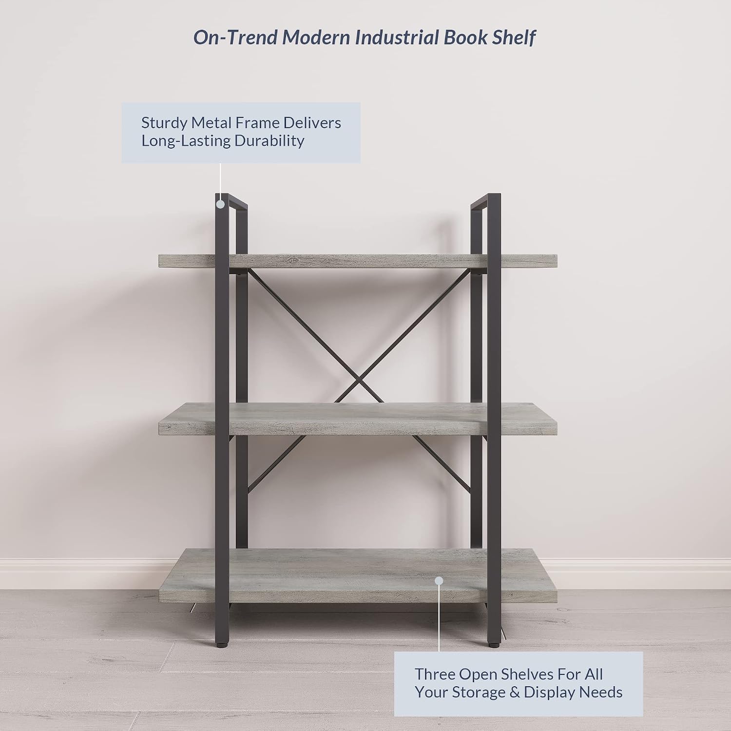 BELLEZE 4 Tier Modern Rustic Industrial Bookshelf, Open Wide Office Etagere Book Shelf
