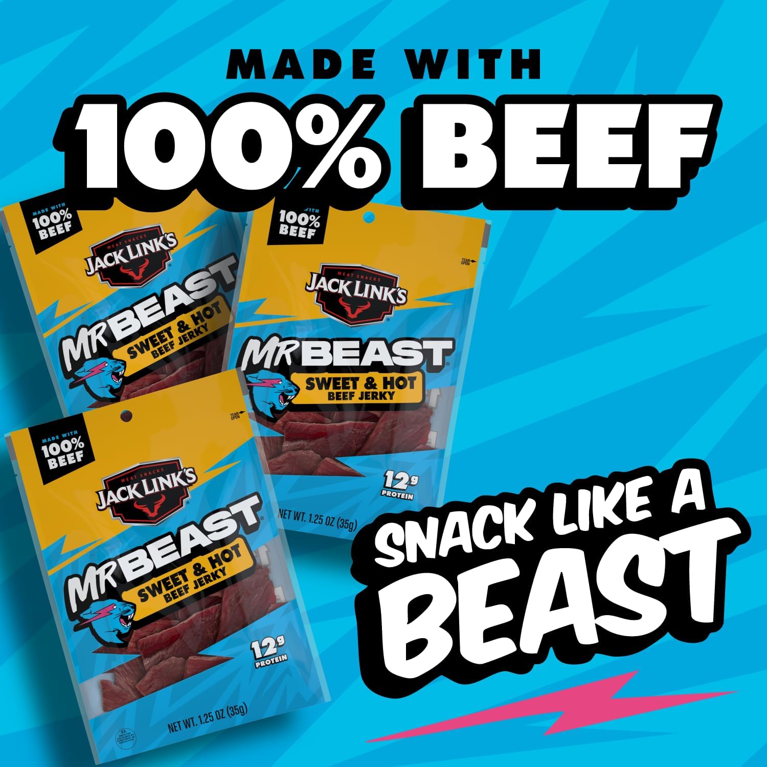 Jack Link's MrBeast Beef Jerky, Peppered Beef Jerky - 10 Count | As Seen on Beast Games, 11g Protein, Made with 100% Real Beef, Pantry-Ready Snacks