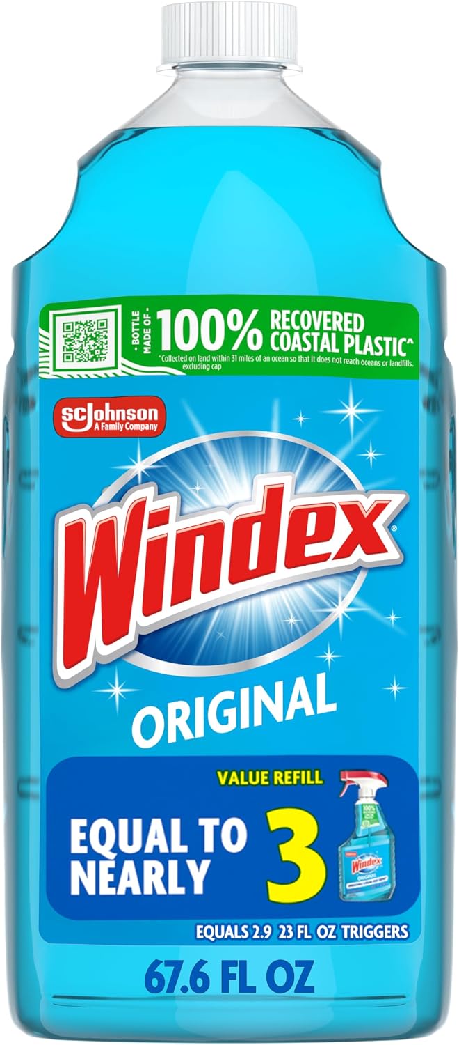 Windex refill glass and window cleaner, made from 100% recycled plastic, surface cleaning spray, original blue scent, 2L (67.6 fl oz)