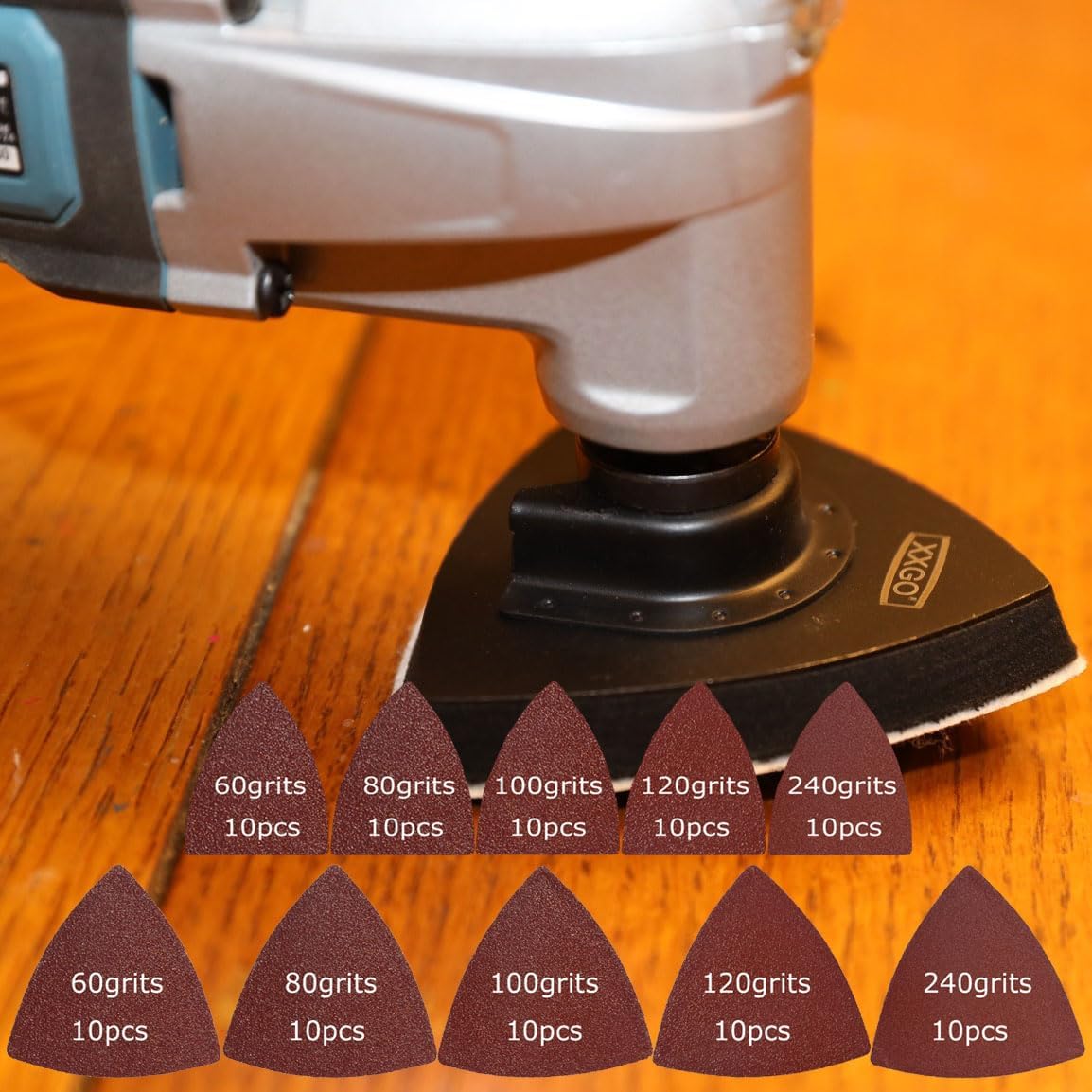 XXGO 55 Pcs 80mm 3-1/8 Inch Triangular Oscillating Multi Tool Sanding Pads | Assorted Grit , Hook & Loop Design , Strong Velcro , Best for Metal Wood Sanding