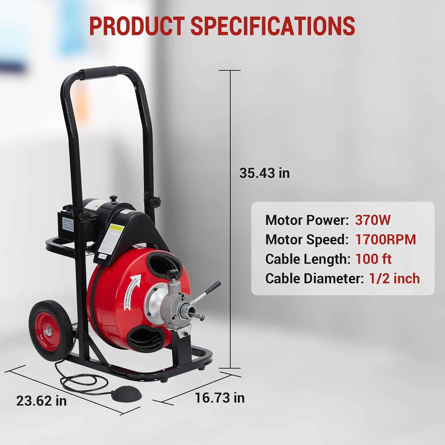 GarveeTech Auto Feed 100 ft x 3/8 in Drain Cleaner Machine with 250W Motor | Portable Sewer Snake Auger with 8 Cutters & Air-Activated Foot Switch, Fits 1 in to 4 in Pipes, Black & Red