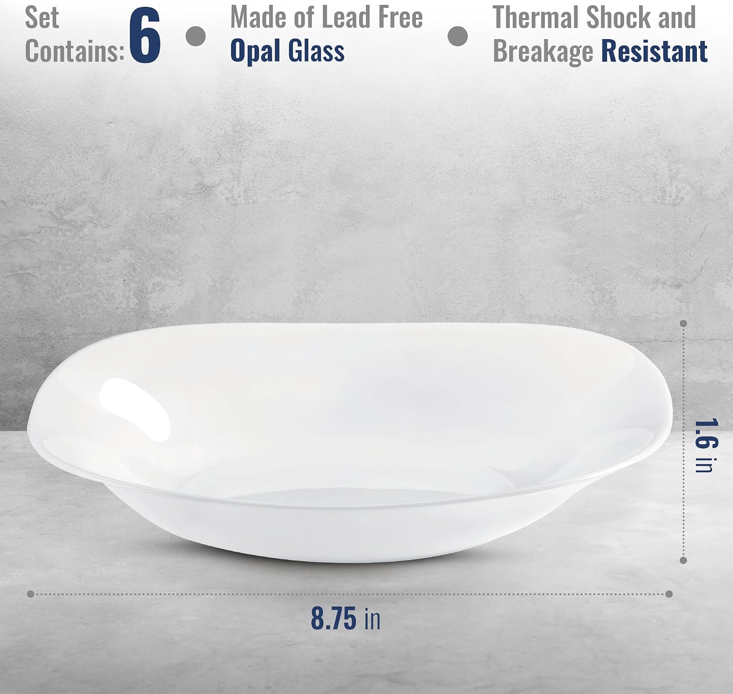 Bormioli Rocco Parma Set Of 6 Pasta Bowls And Soup Plates, 8.75 Inch Tempered Opal Glass, Clean White, Linear & Curved Design, Dishwasher Safe