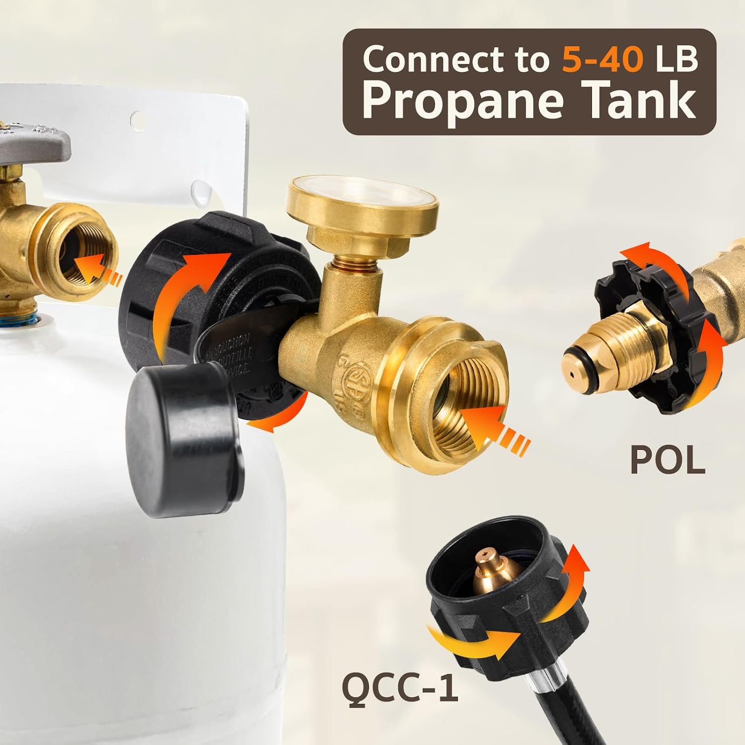 GASPRO Universal Propane Tank Gauge, Fits for 5-100lb Propane Tank Cylinder, Propane Adapter with POL Connection for RV, Camper, Gas Grill, Fire Pit
