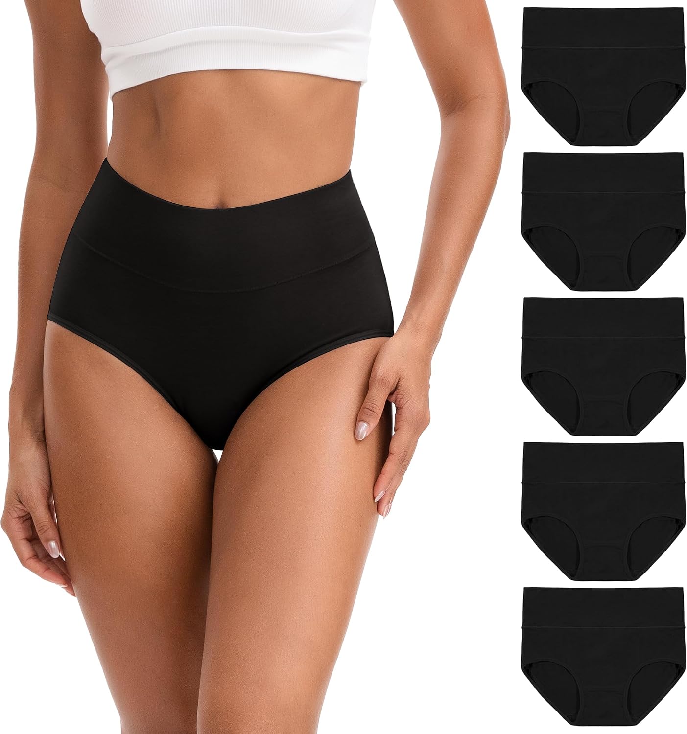 INNERSY Women's High Waisted Underwear Cotton Panties Regular & Plus Size 5-Pack