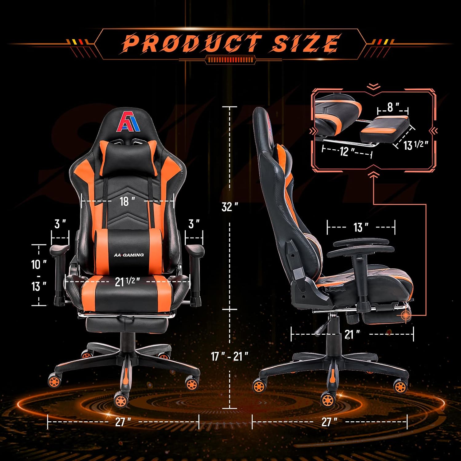 AA Products Gaming Chair Ergonomic High Back Computer Racing Chair Adjustable Office Chair with Footrest, Lumbar Support Swivel Chair - Black
