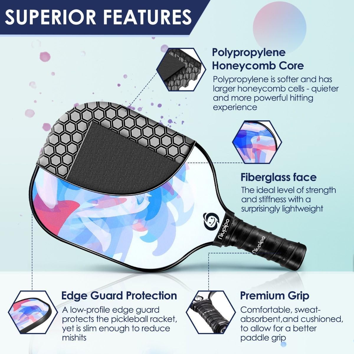 niupipo Pickleball Paddles Set of 2 or 4, USAPA Approved Fiberglass Pickleball Paddle Set with Balls and Bag, Polypropylene Honeycomb Core