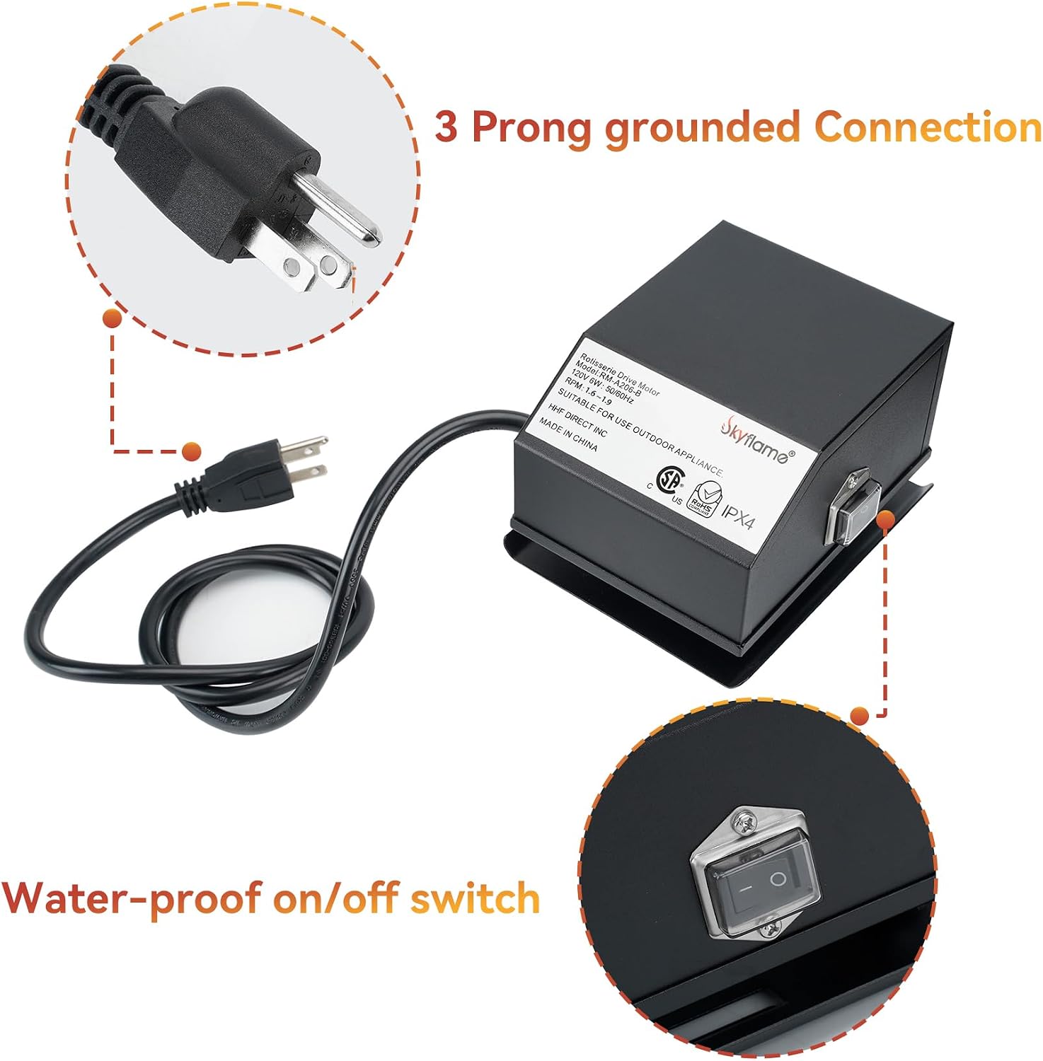Skyflame Universal Stainless Steel BBQ Grill Electric Rotisserie Motor | Replacement, Water Proof On/Off Switch, 6 watt, 50 lb. Load, Black