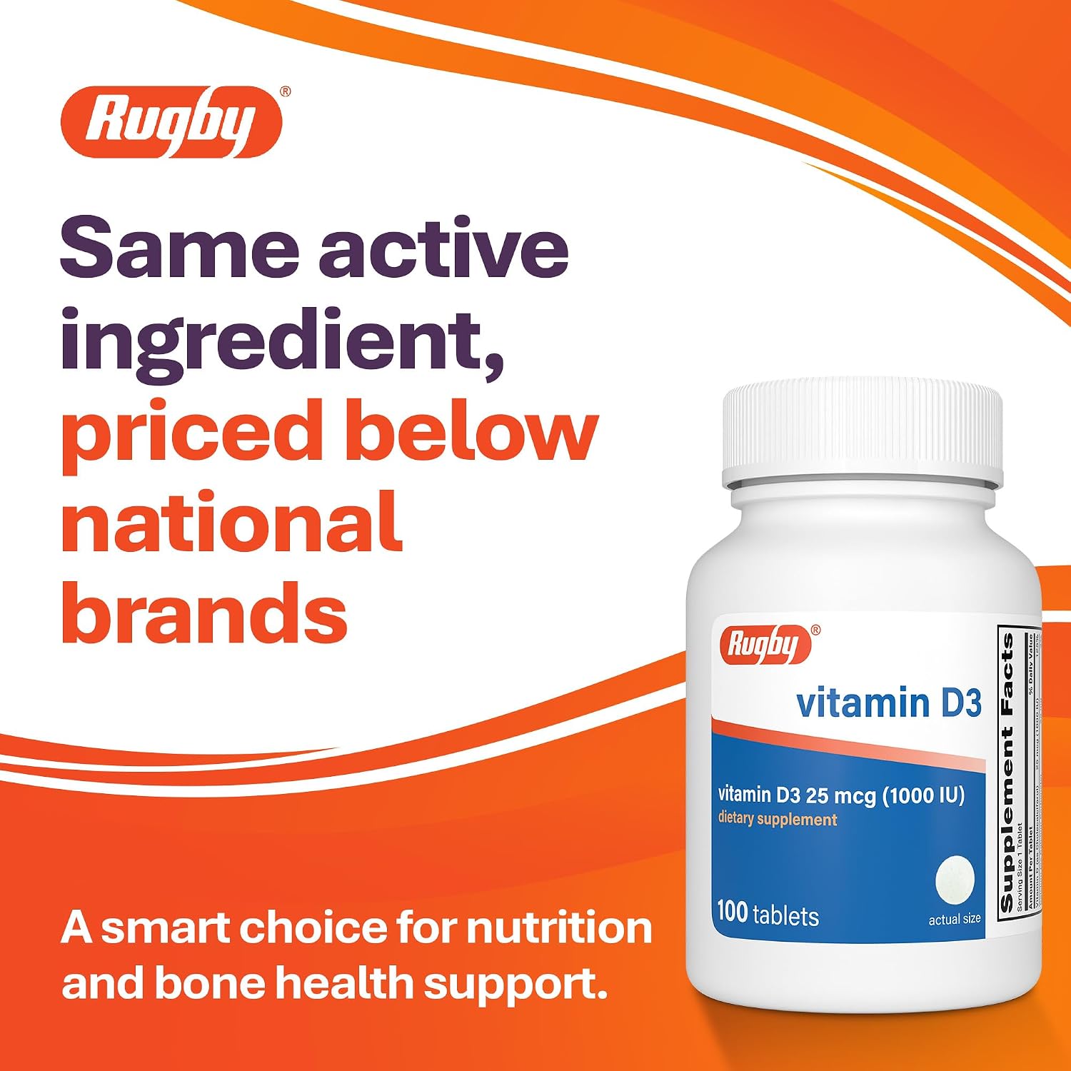Rugby Vitamin D3, 25 mcg (1,000 IU) Dietary Supplement, 100 Count (1-Pack)