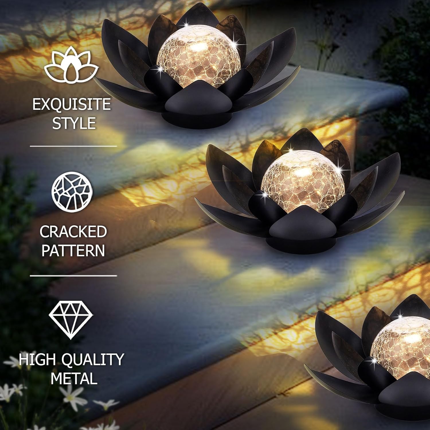 Huaxu Solar Lights Outdoor Garden, Crackle Globe Glass Lotus Decor, Waterproof LED Metal Flower Decorations for Patio,Lawn,Walkway,Tabletop,Ground
