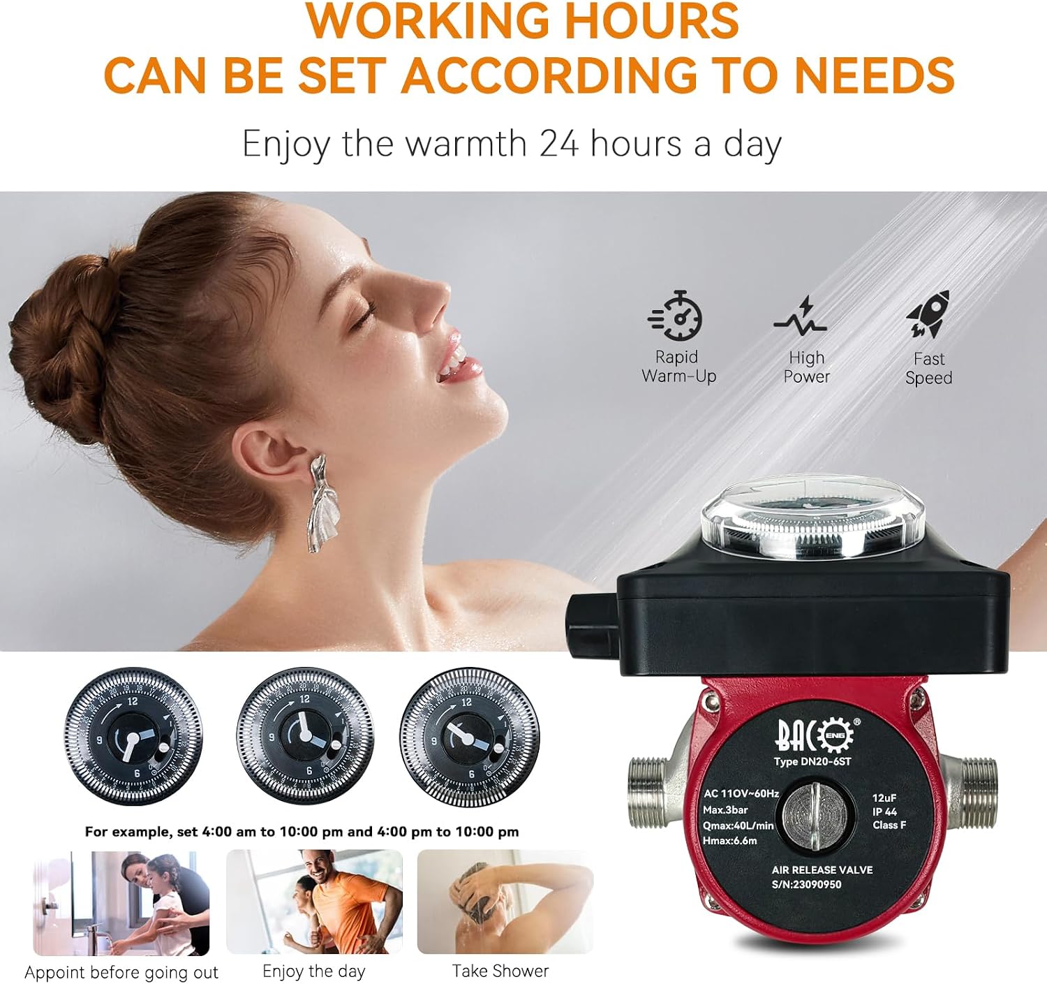 BACOENG Hot Water Recirculating Pump, Stainless Steel Head, Circulation Pump NPT 3/4", 3-Speed Control, Circulating Pump for Water Heater System